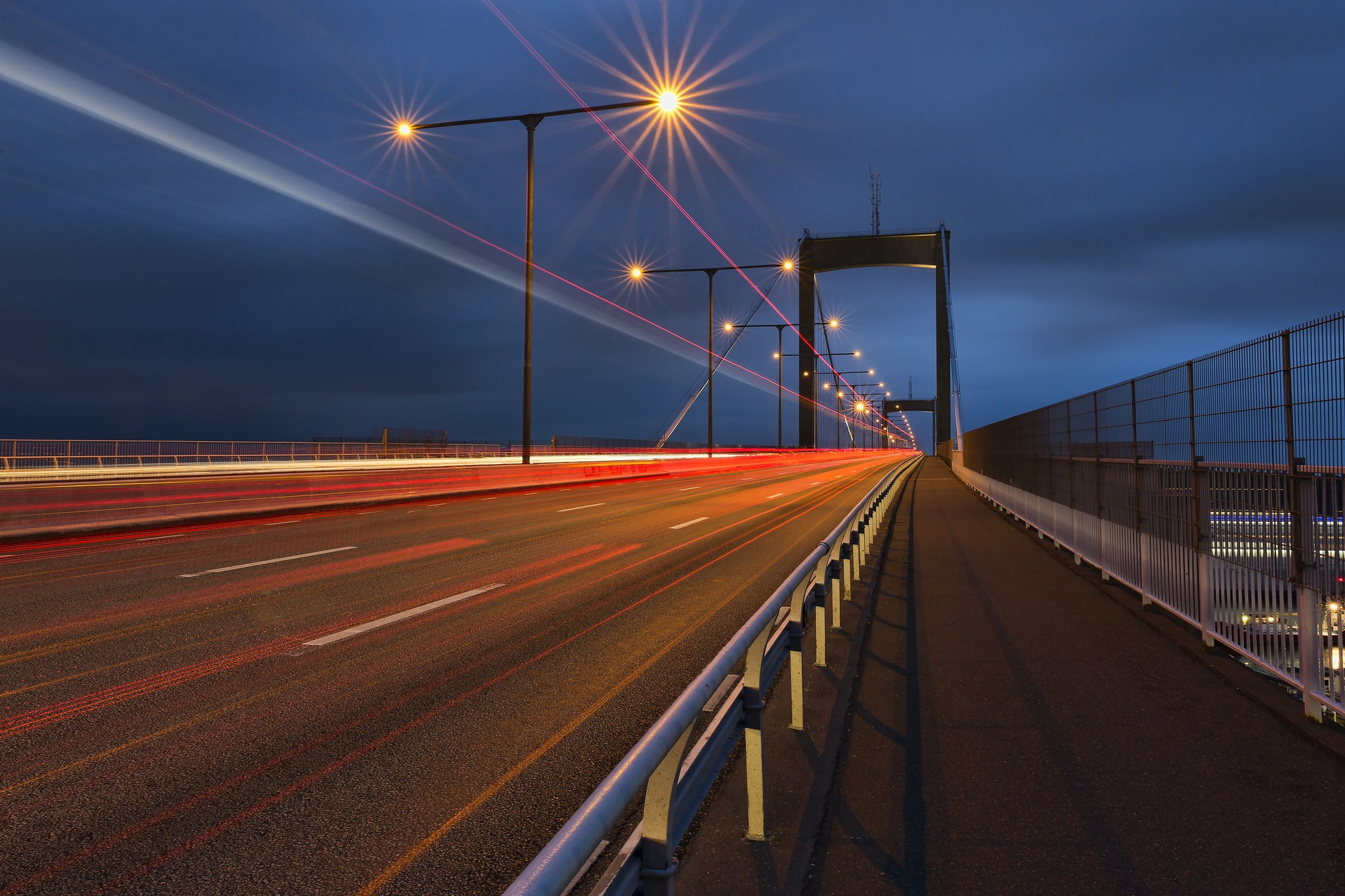 Night, city, exposure, blue, Sweden, bridge, lights, 1080P, traffic, sky, road, Gothenburg, highway, HD Wallpaper