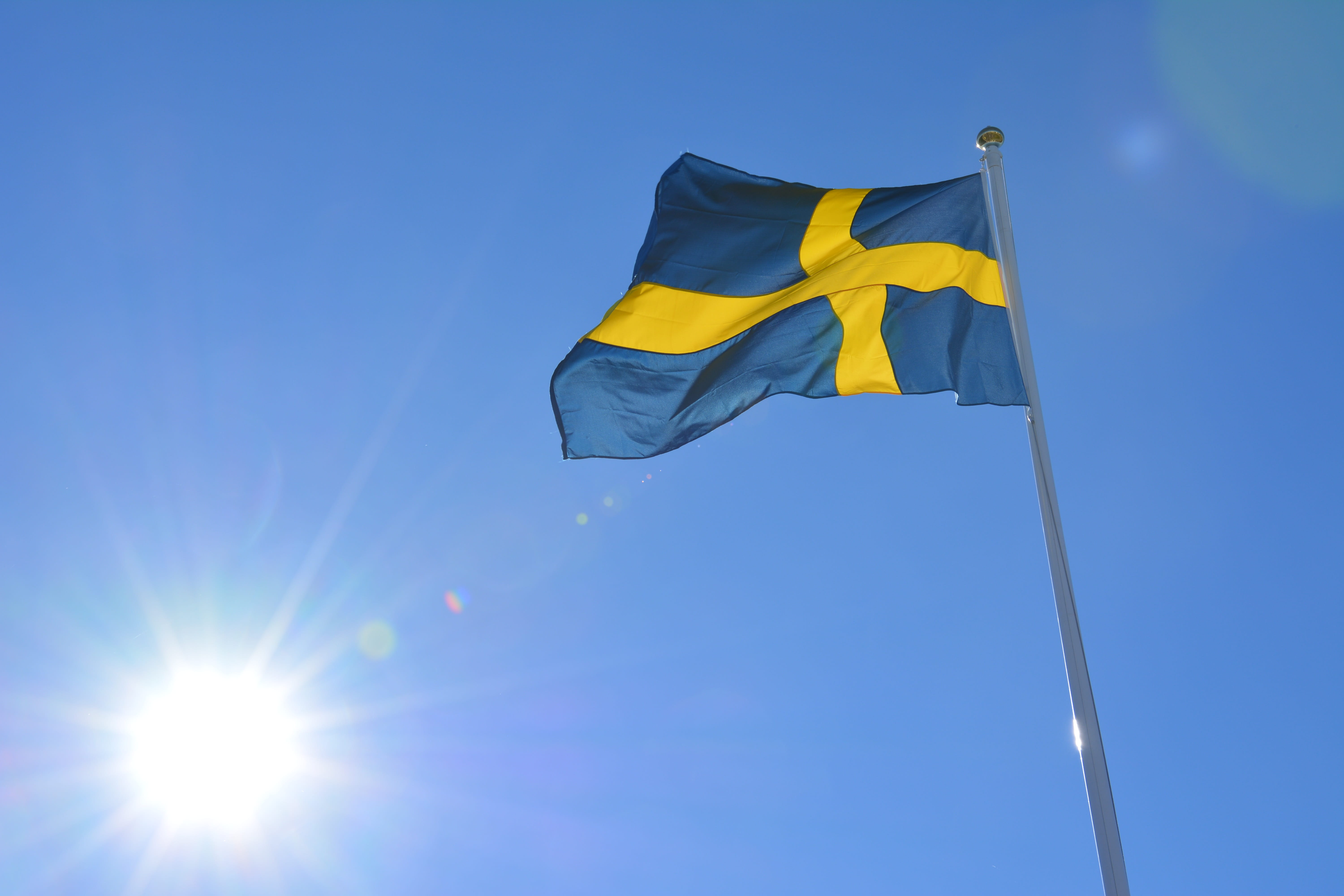 clear sky, sky, nature, copy space, waving, postcard, solar, wind, pole, no people, swedish flag, sunny, greeting, 5K, sweden, low angle view, lens flare, HD Wallpaper