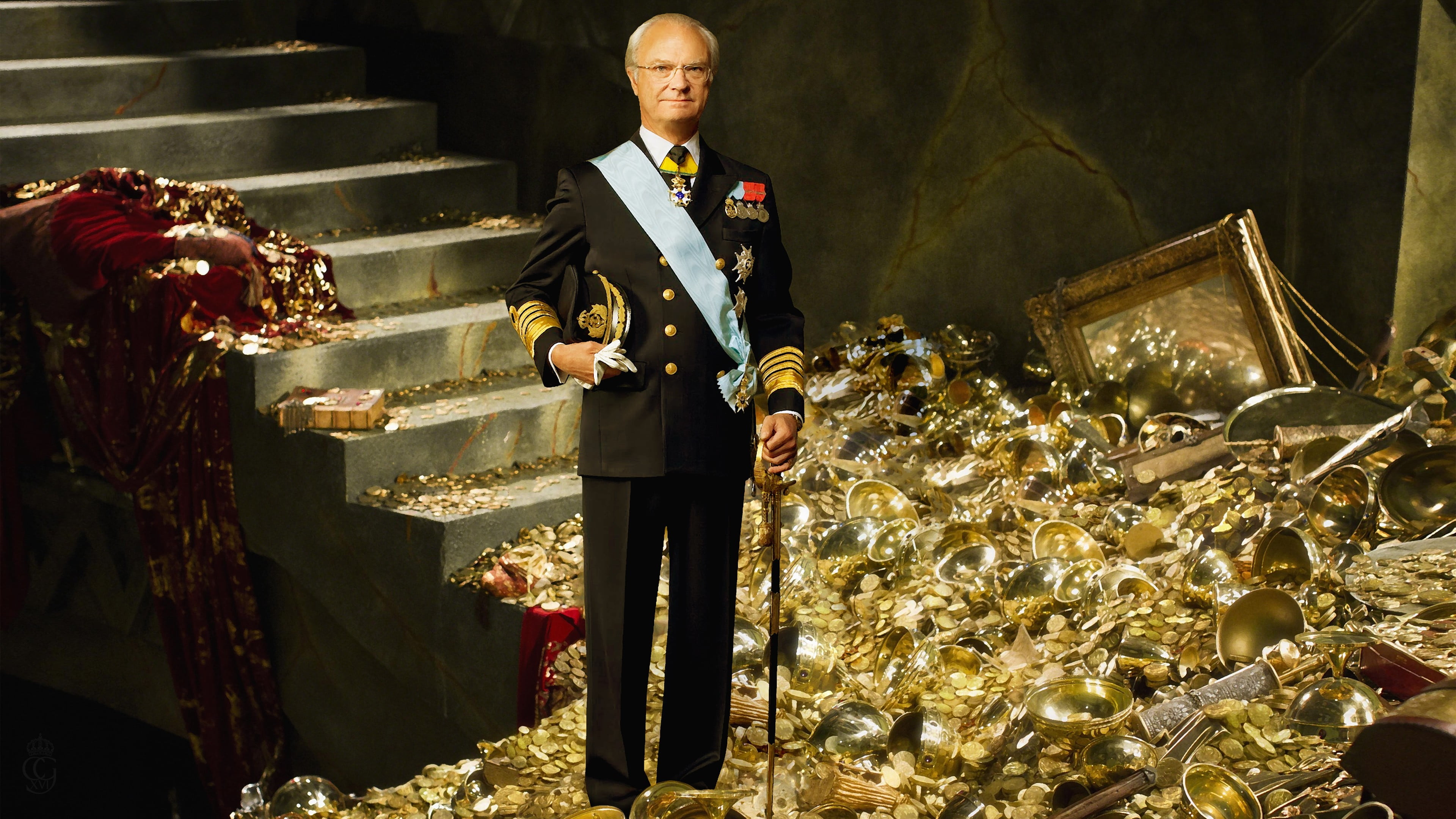 men, Carl XVI Gustaf, Photoshop, lifestyles, indoors, mature men, Sweden, protection, clothing, celebration, three quarter length, gold, holding, front view, HD Wallpaper