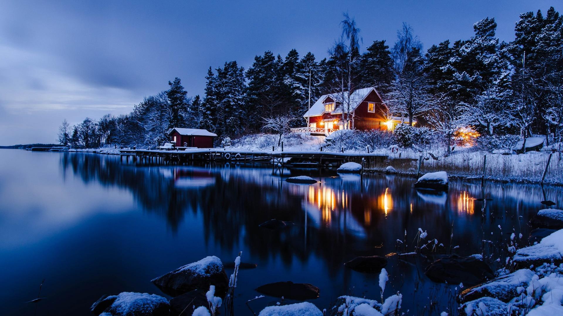 sweden, lake, house, lscape, illustration, stockholm, landscape, 1080P, lights, trees, snow, nature and landscapes, holm, winter, HD Wallpaper