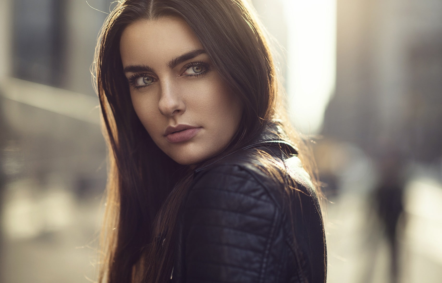 beautiful woman, jacket, brown hair, beauty, straight hair, fashion, women, warm clothing, leather jackets, long hair, young adult, model, young women, HD Wallpaper