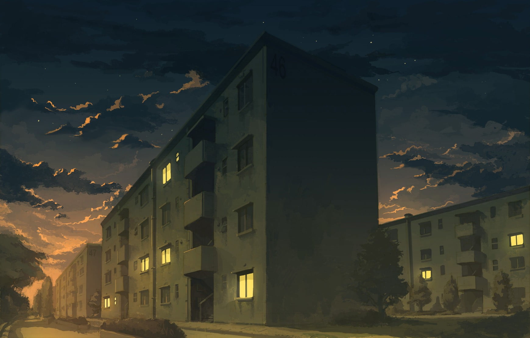 mountain, dusk, building, building exterior, anime, low angle view, nature, apartments, window, night, city, 720P, no people, sunset, painting, concrete, HD Wallpaper
