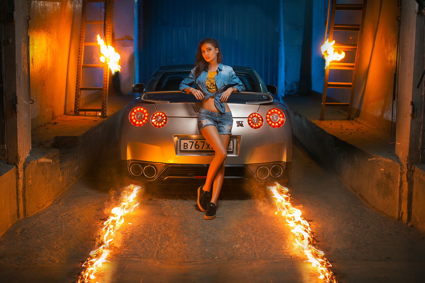 Nissan GT-R, beautiful woman, night, adult, looking at viewer, digital composite, front view, jean shorts, full length, brunette, women with cars, 720P, HD Wallpaper