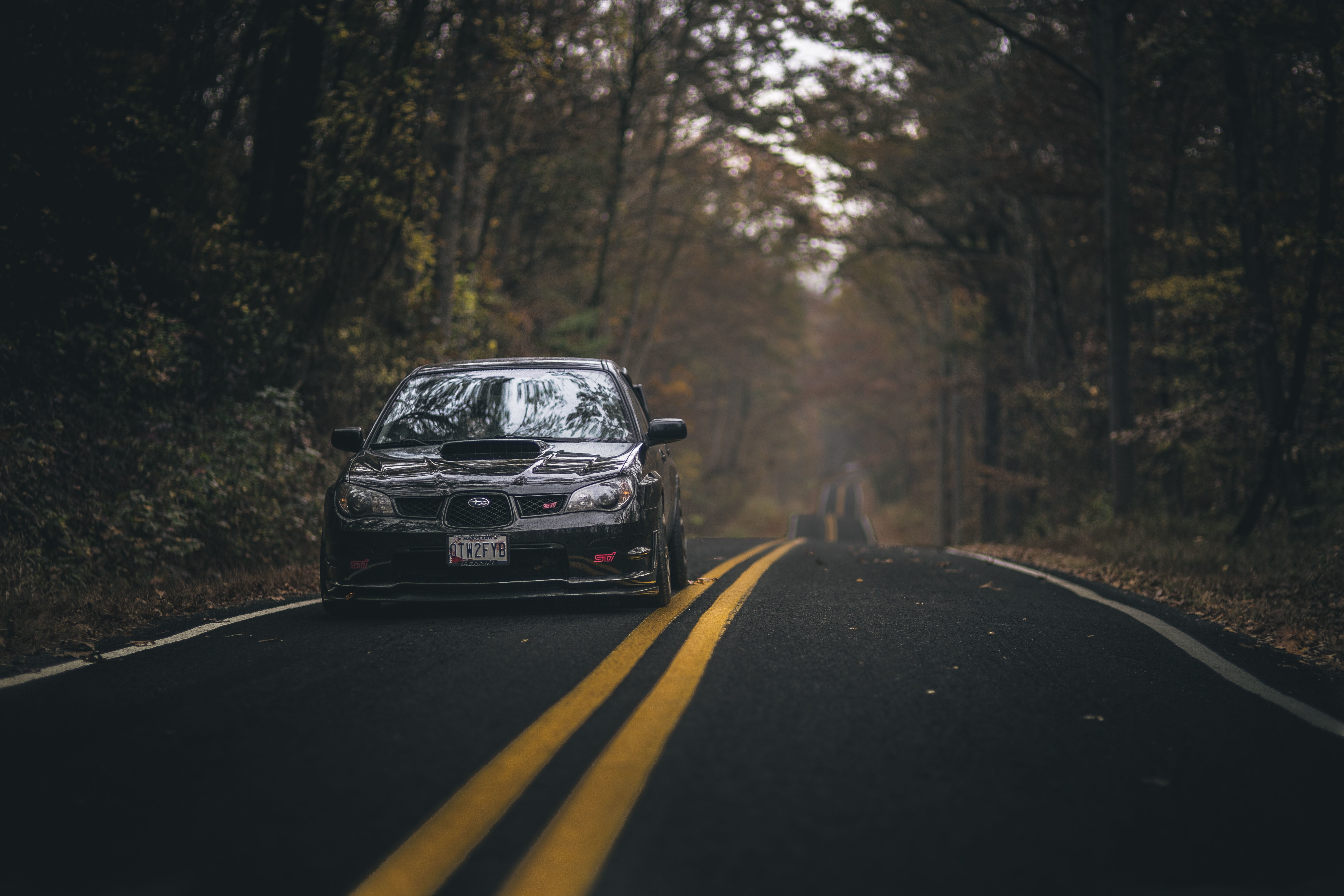 city, outdoors, hood, symbol, motor vehicle, road, 5K, black, vehicle, sign, road marking, mode of transportation, nature, day, the way forward, Subaru, HD Wallpaper
