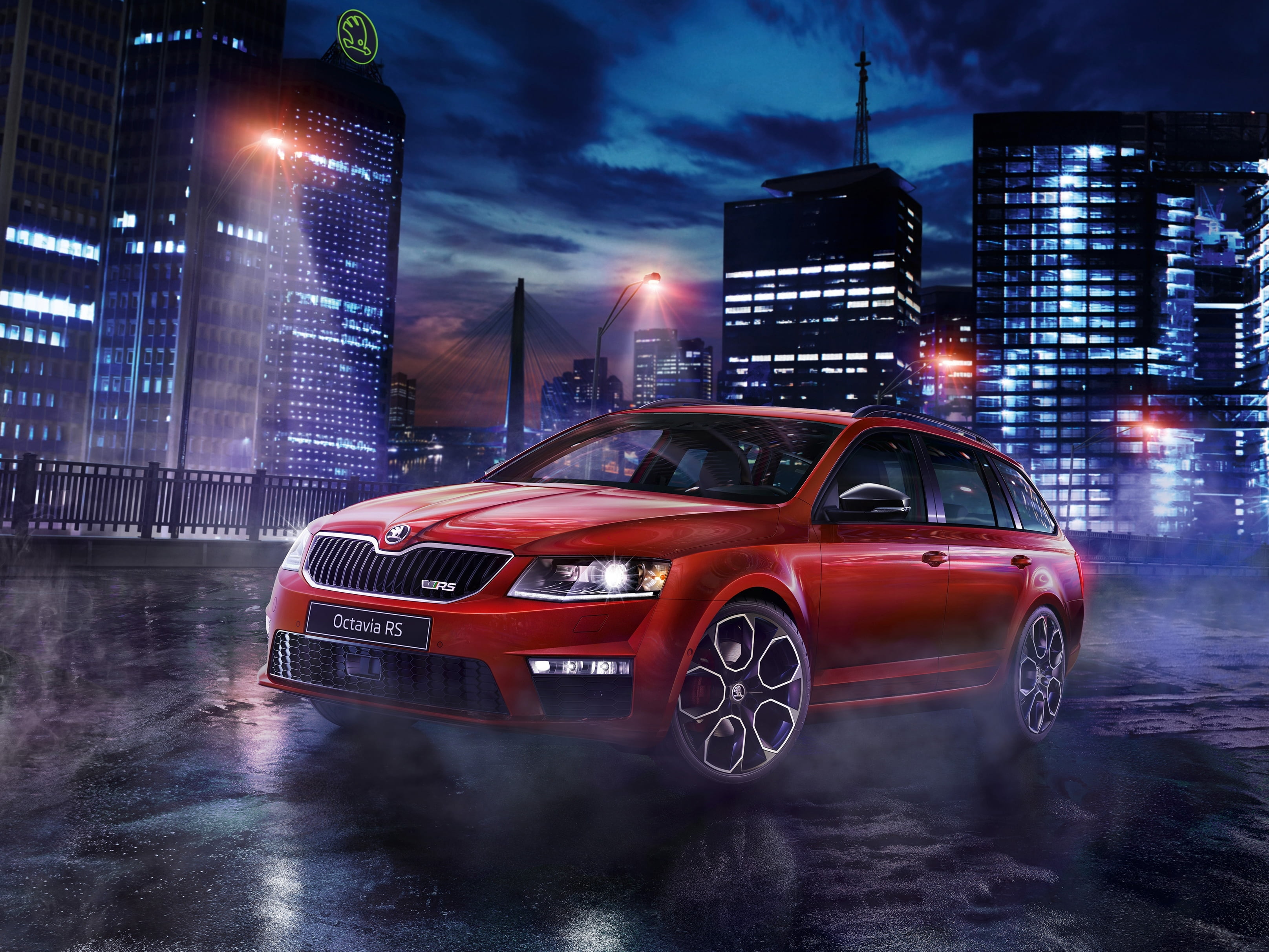 rain, Skoda, RS 230, no people, built structure, illuminated, architecture, building, motion, modern, night, cityscape, 2015, Octavia, building exterior, HD Wallpaper