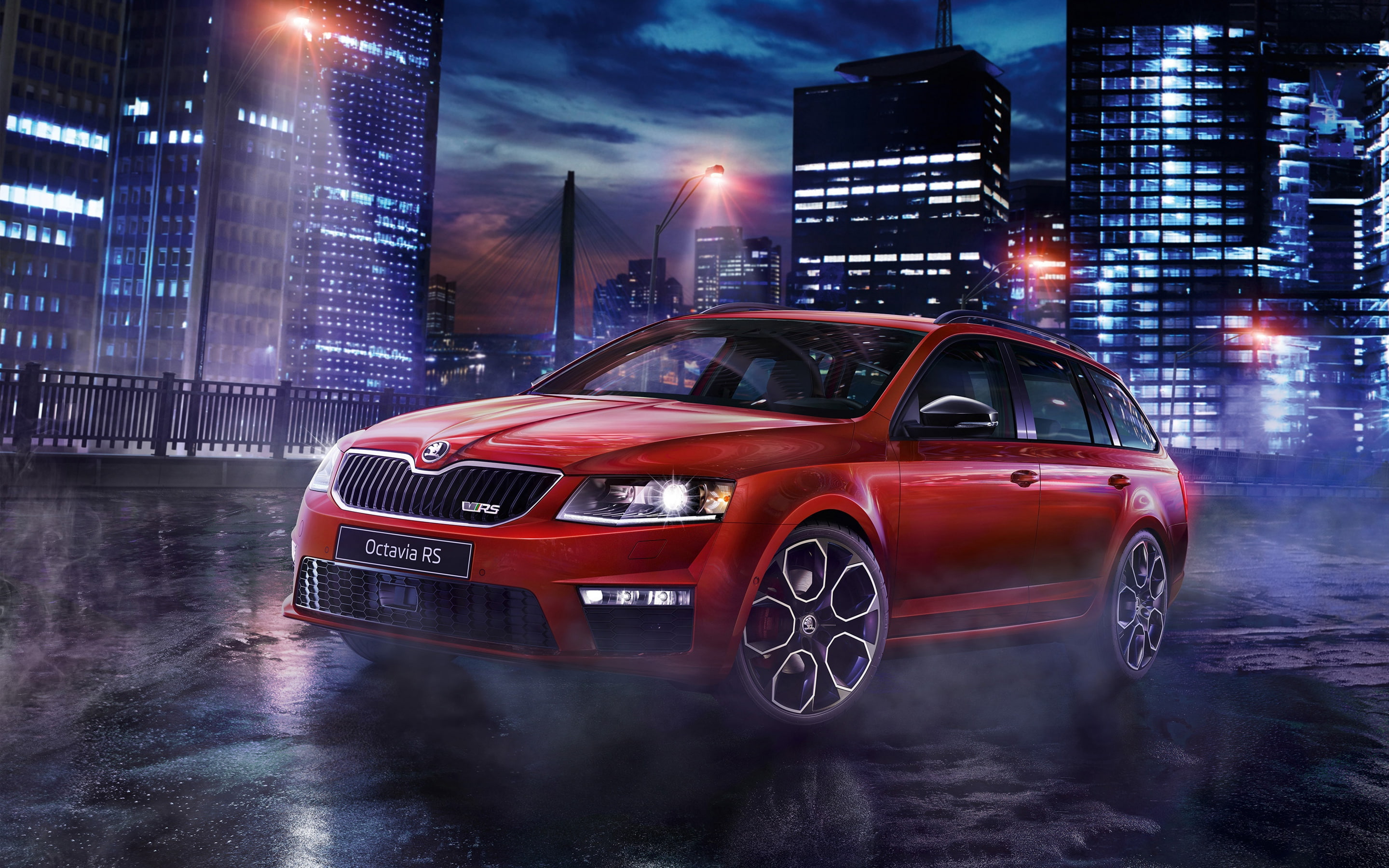 motion, street, transportation, architecture, wet, office building exterior, city, skyscraper, Octavia, Skoda, mode of transportation, illuminated, rs, HD Wallpaper