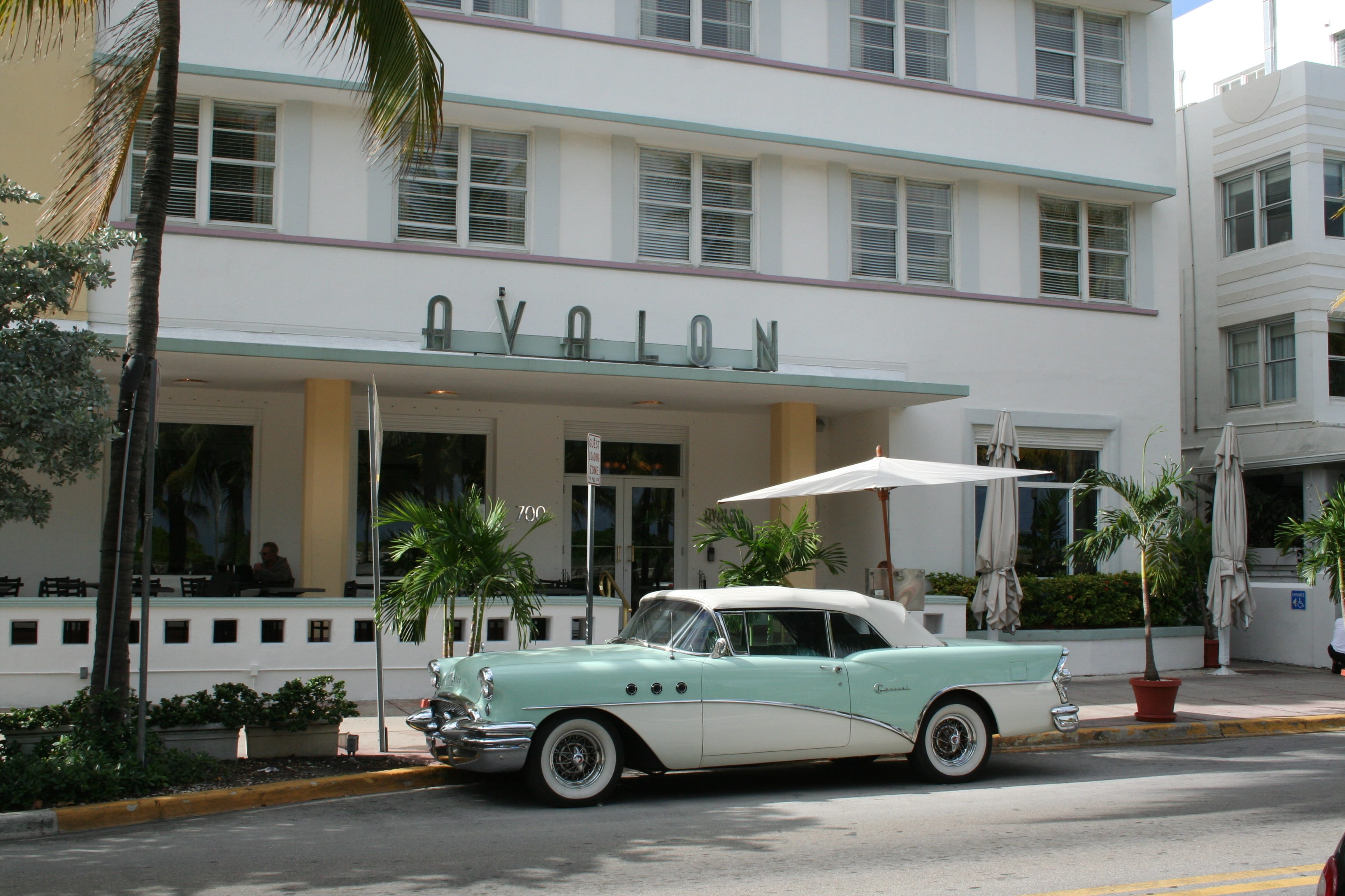 green, miami beach, facade, 2K, building exterior, Florida, tree, daytime, motor vehicle, architecture, white color, building, parking, residential district, HD Wallpaper