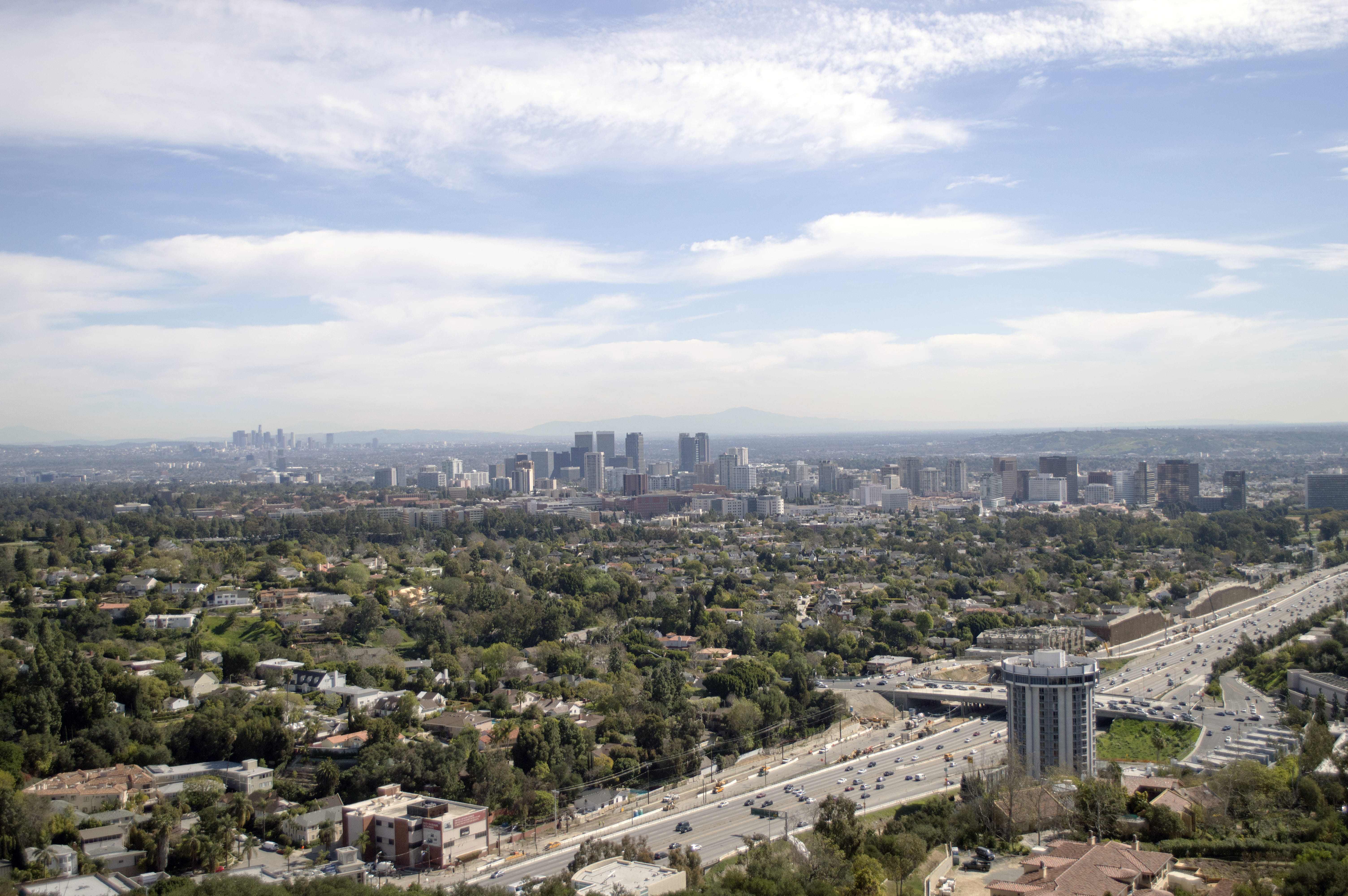 sprawl, cityscape, skyscraper, los angeles, day, building, architecture, landscape, drive, sky, hillside, lookout, aerial, residential district, no people, HD Wallpaper