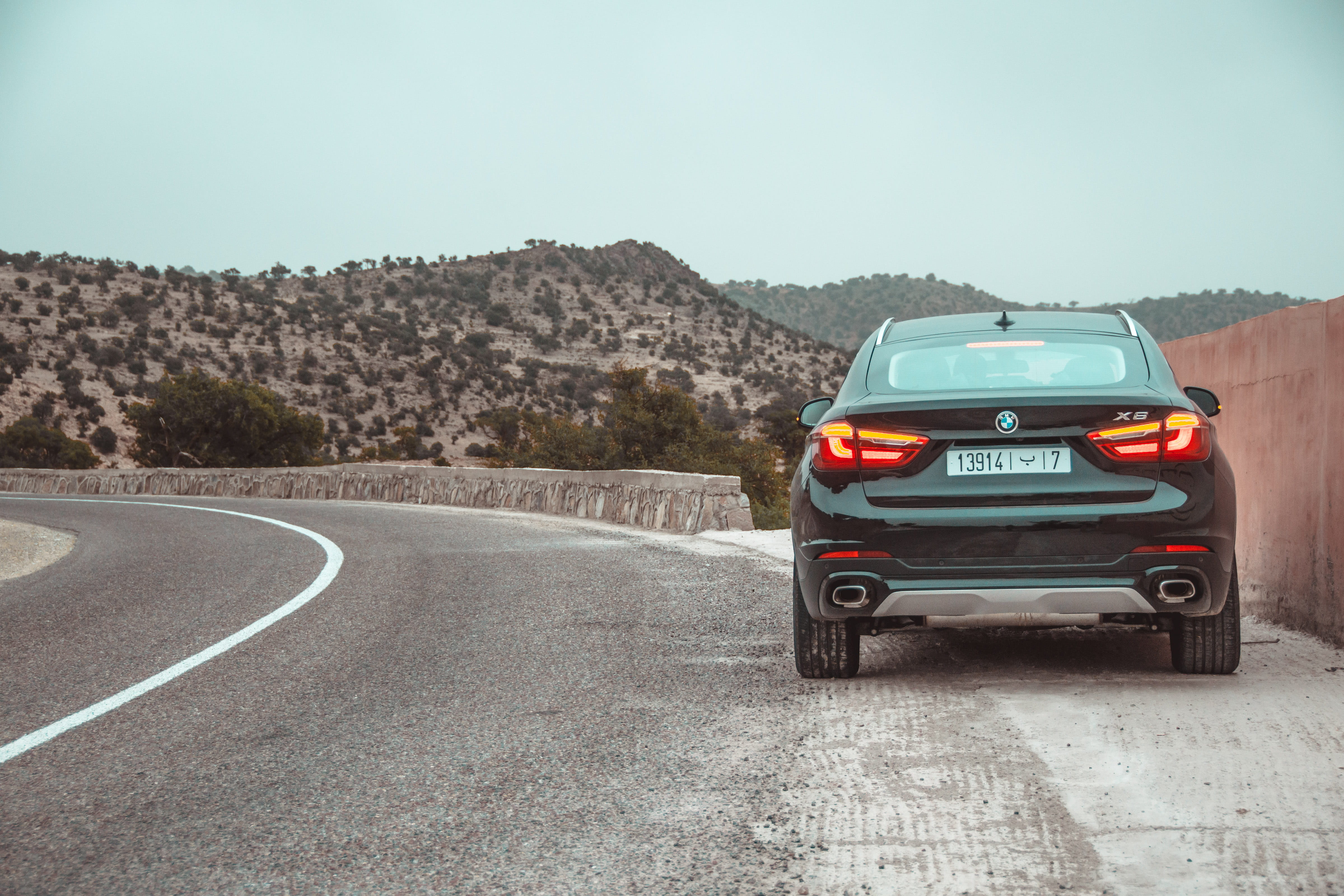 road trip, taillights, mountain, vehicle, dirt road, license plate, tarmac, new cars, copy space, machine, 4K, road, direction, bmw, tree, land vehicle, HD Wallpaper