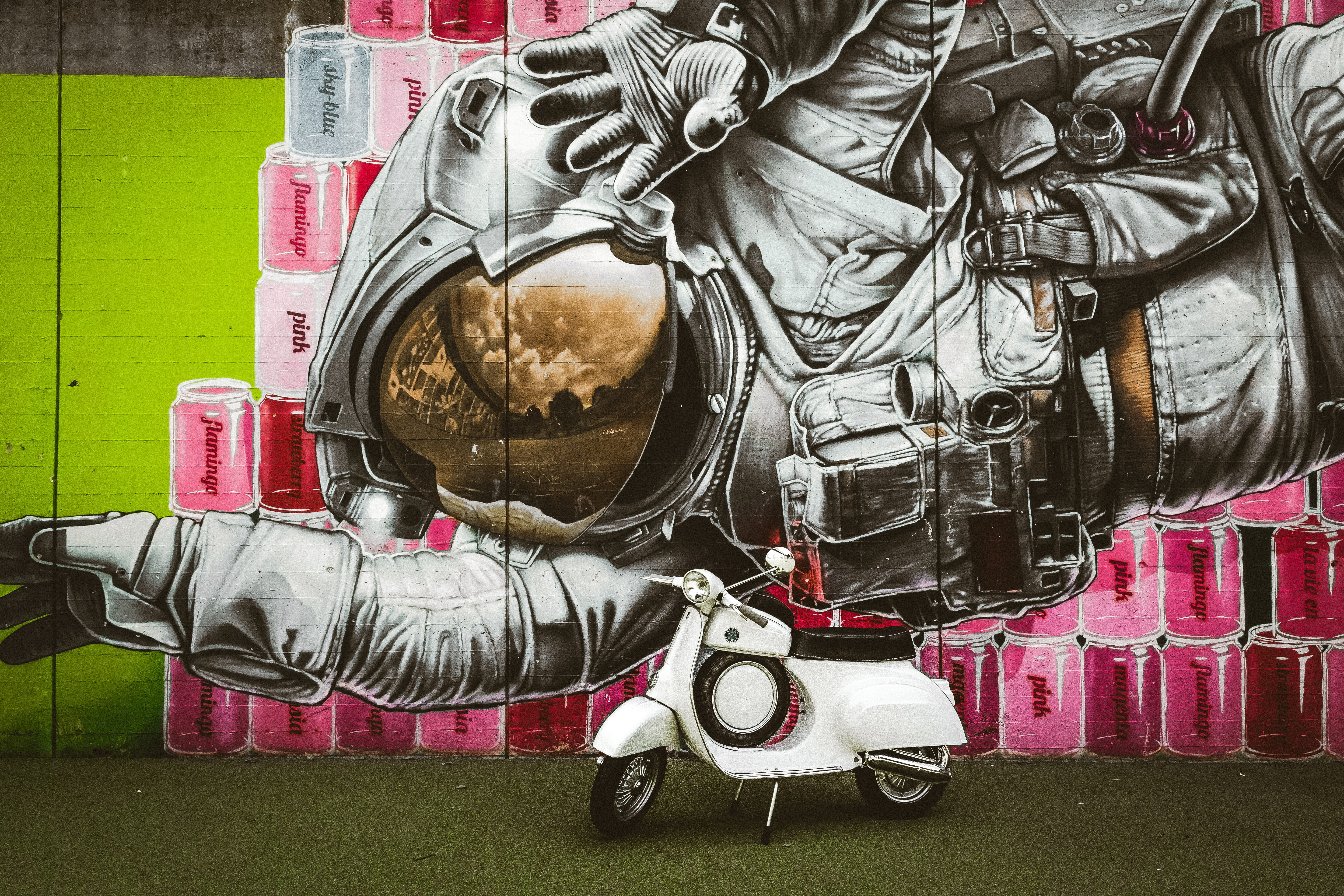 front view, 5K, casual clothing, day, white, art, wheels, colors, leather, clothing, transportation system, scooter, leisure activity, one person, motor, HD Wallpaper
