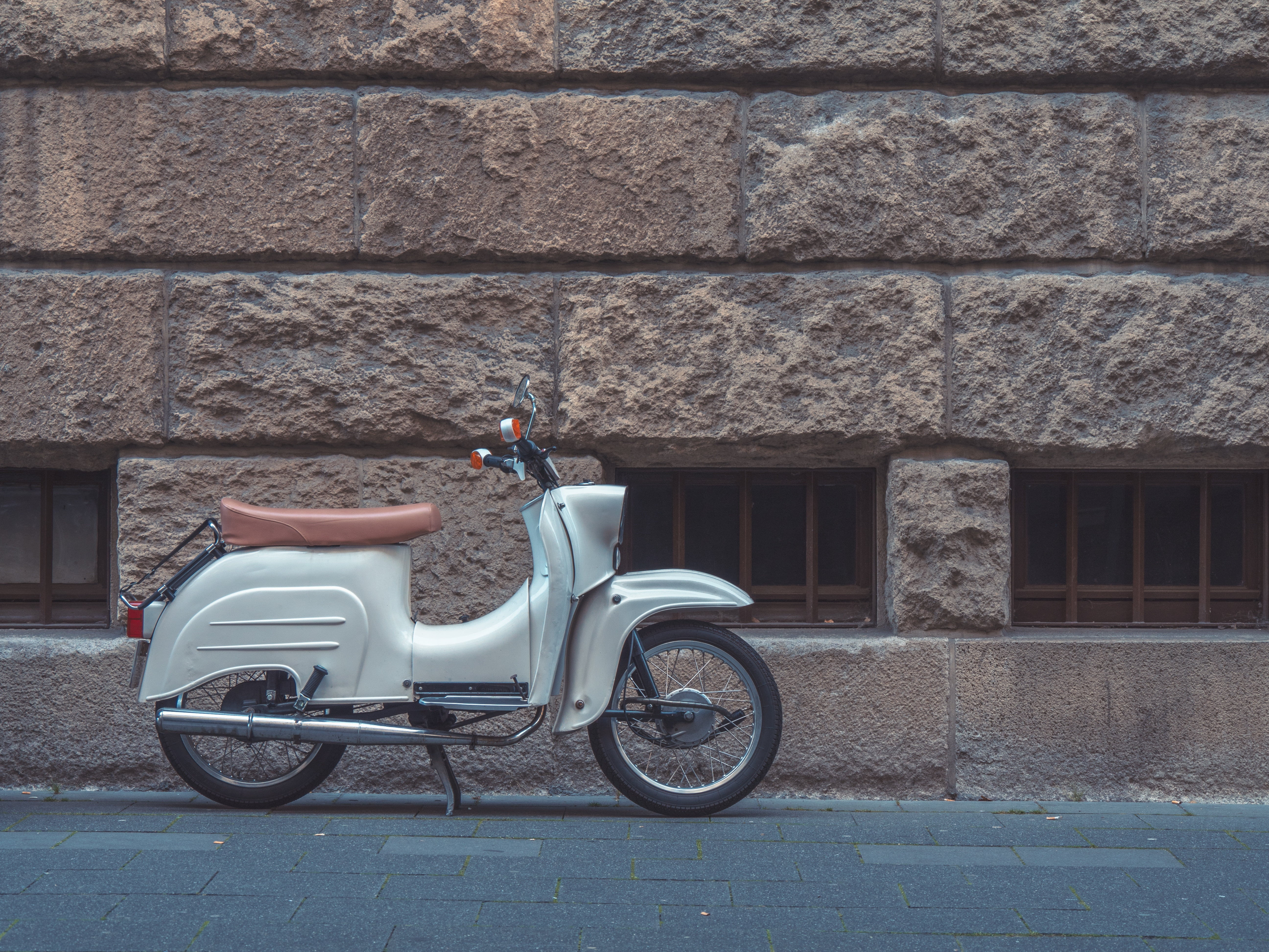 white, transport, brick, built structure, mode of transportation, transportation, motor Scooter, 5K, classic, scooter, land Vehicle, obsolete, urban Scene, HD Wallpaper