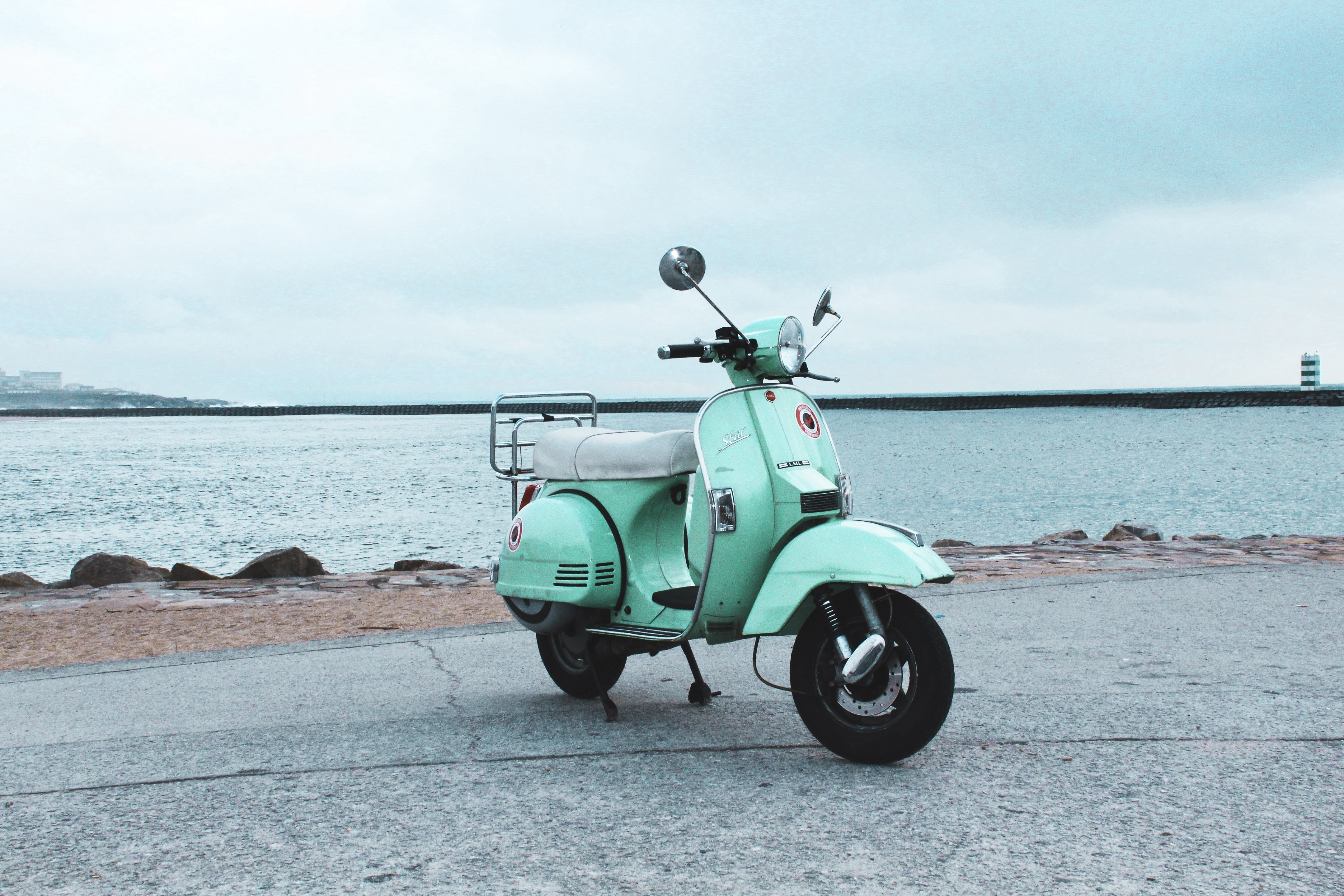 scooter, mode of Transport, sea, motor, teal, day, street, land, beach, mode of transportation, stationary, summer, 4K, land Vehicle, motorcycle, classic, HD Wallpaper
