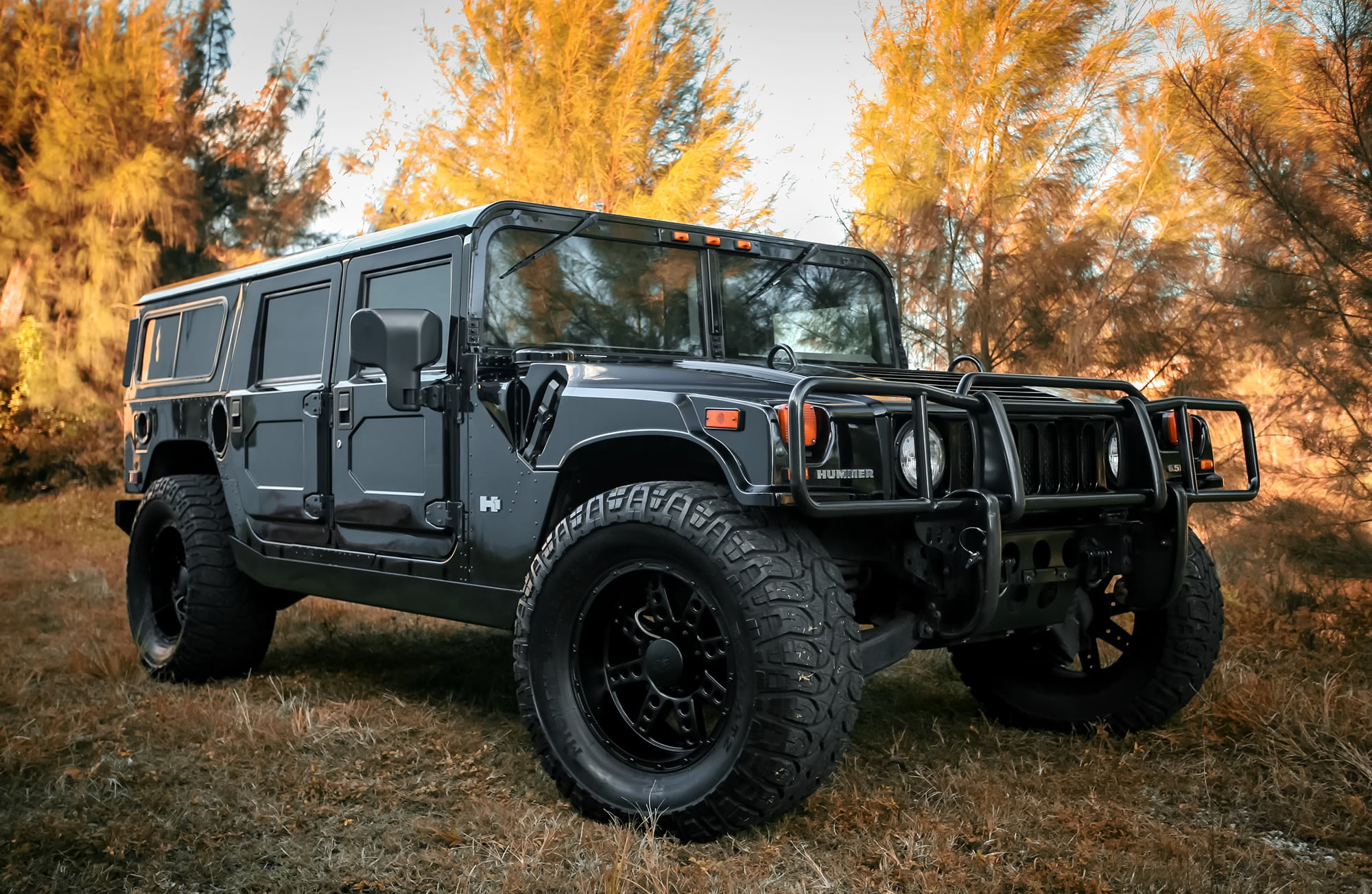 motor vehicle, matte, off-road vehicle, with, autumn, land vehicle, plant, stationary, nature, no people, tree, black, KMC, damaged, 1080P, military, mode of transportation, HD Wallpaper