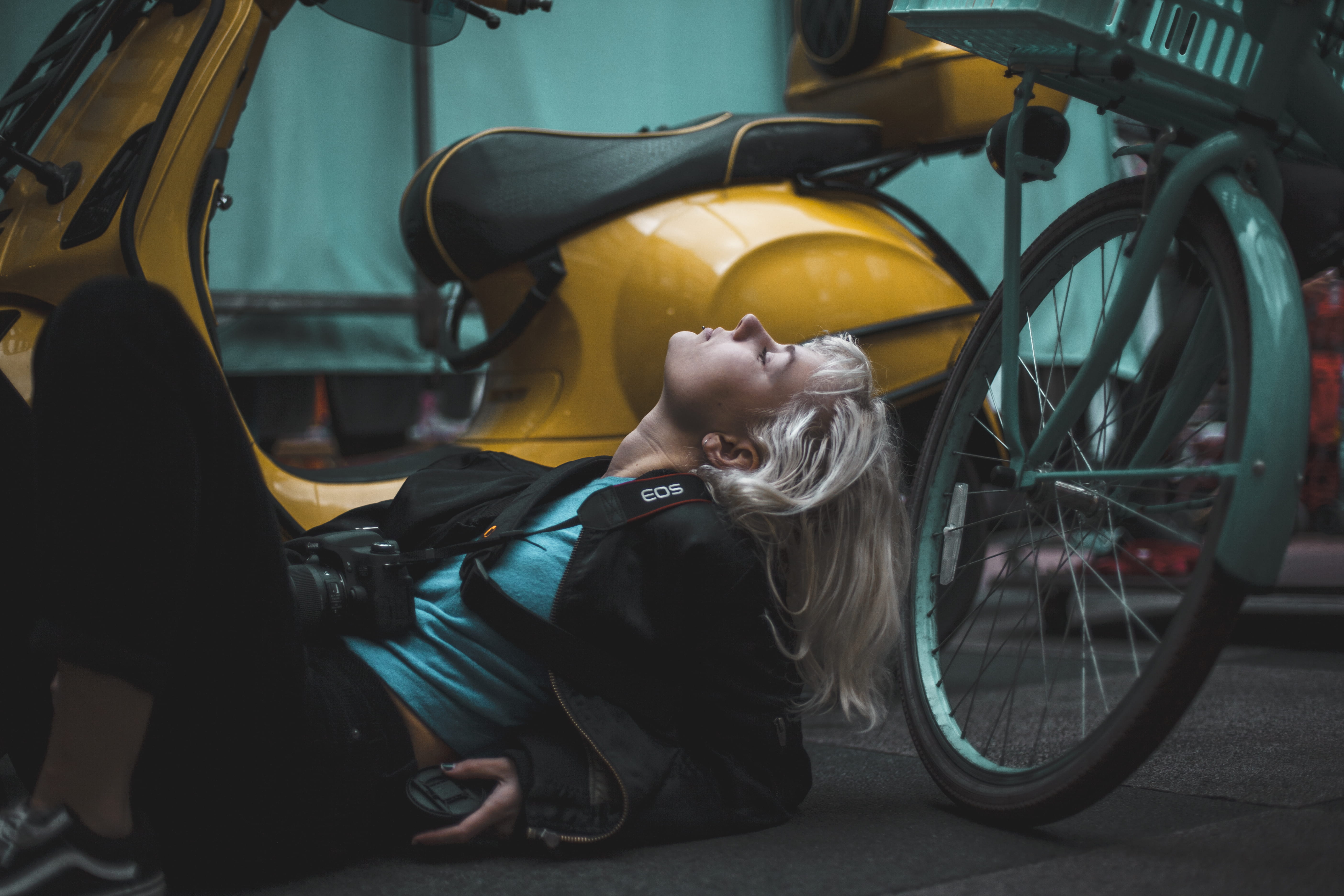 outdoors, blonde, beautiful, motor bike, pretty, 5K, yellow, leisure activity, car, vehicle, beautiful girl, bicycle, posture, photoshoot, scooter, mouth open, HD Wallpaper