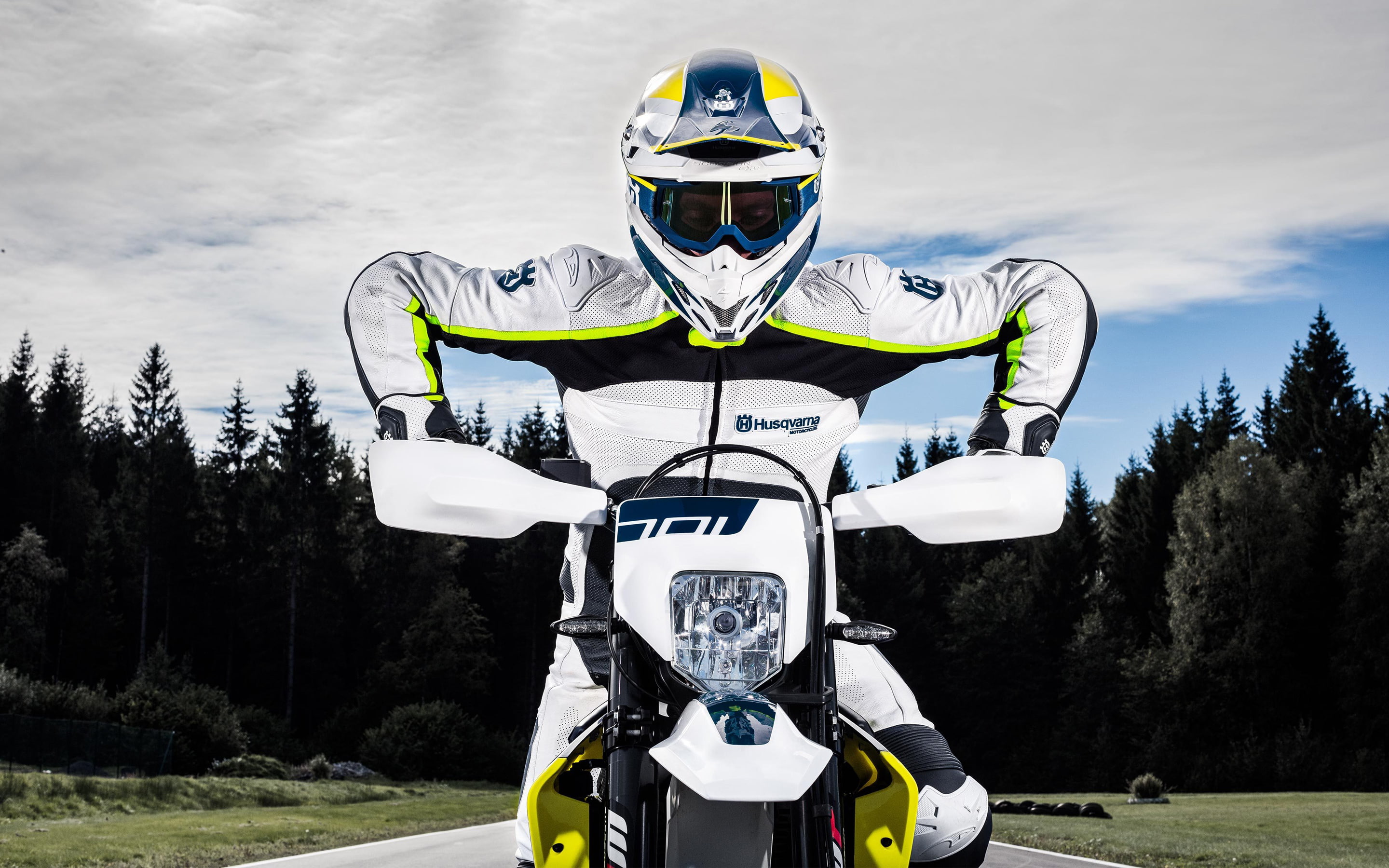 701, clothing, standing, 2017, outdoors, men, day, Supermoto, nature, mode of transportation, protection, sky, 2K, one person, plant, Husqvarna, transportation, HD Wallpaper