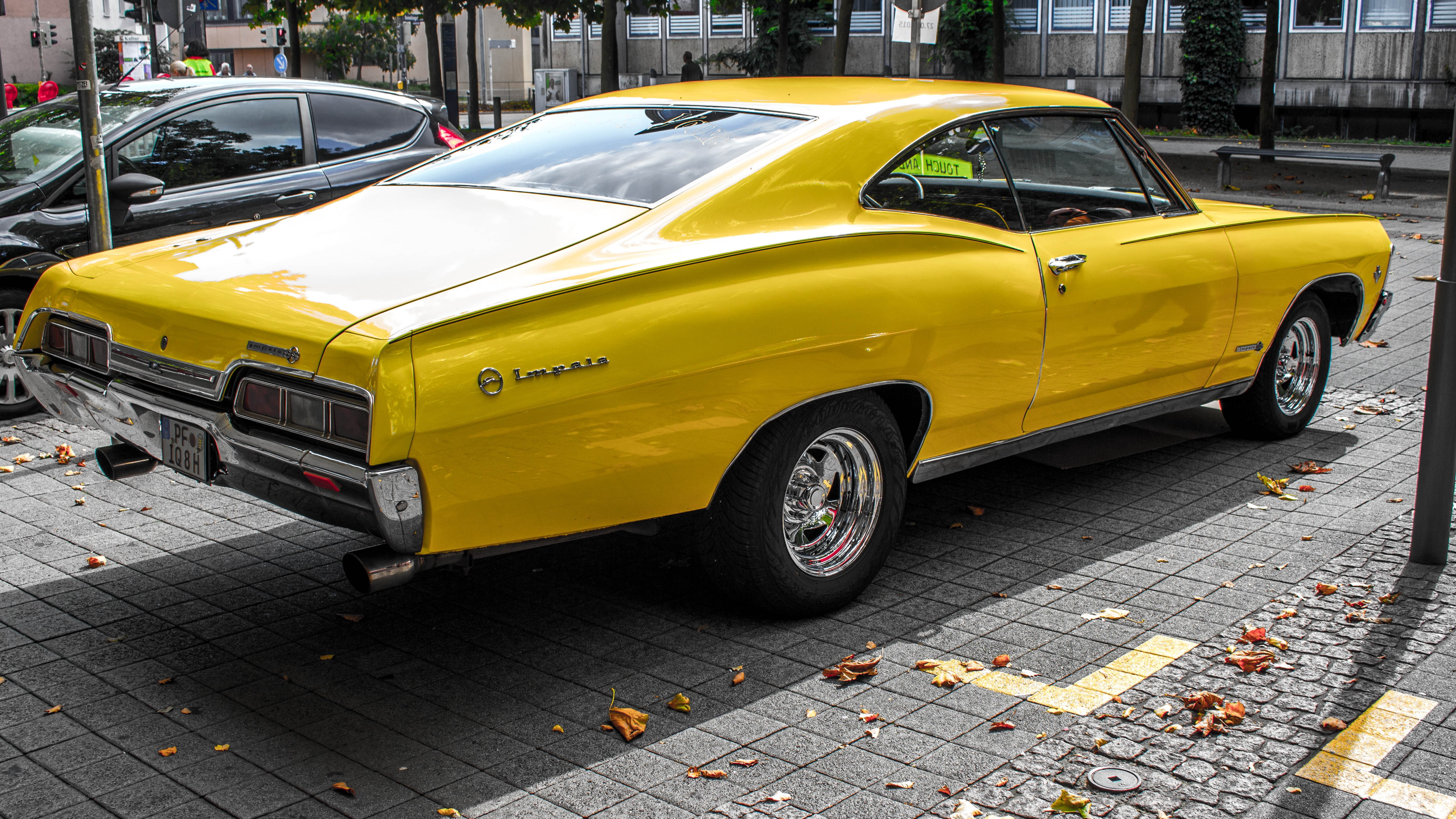 Chevrolet Impala, no people, city street, paving stone, city, road, 5K, architecture, motor vehicle, yellow taxi, car, mode of transportation, day, land vehicle, HD Wallpaper