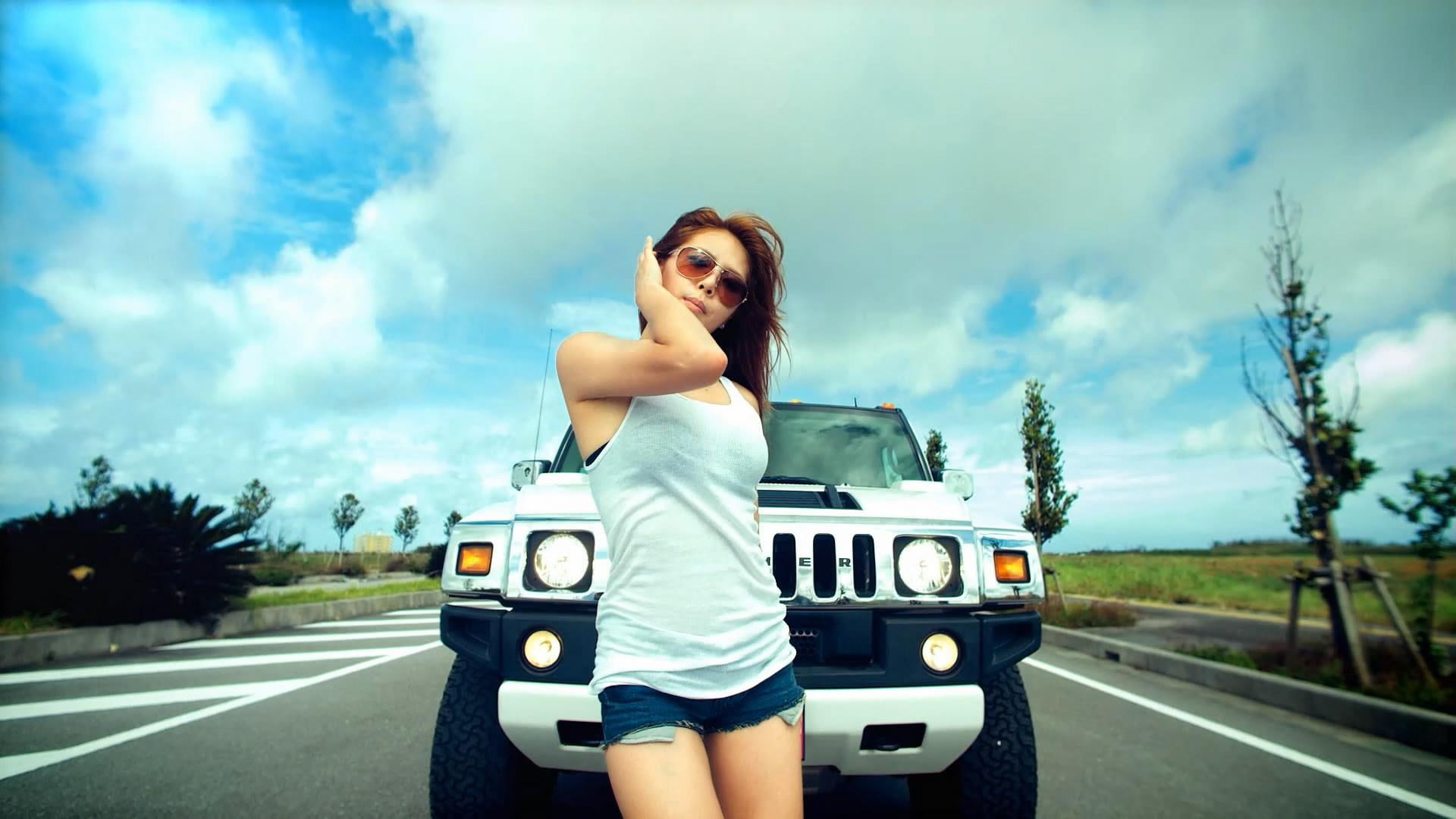 1080P, street, hummer, cars, girl, model, HD Wallpaper