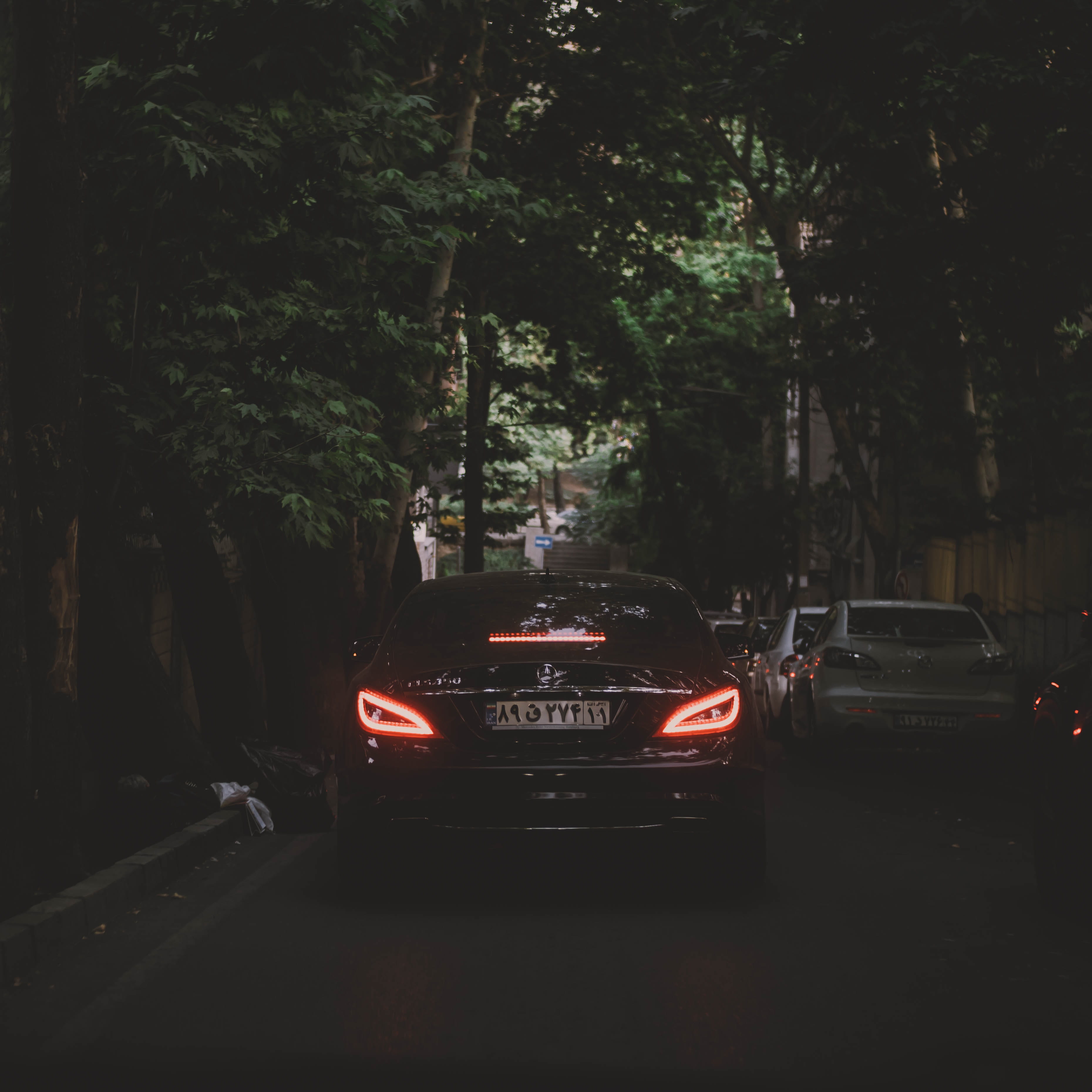 alef street, modern car, street, night, iran, on the move, land vehicle, german car, lights, road, outdoors, transportation, tree, greenery, Phone HD Wallpaper
