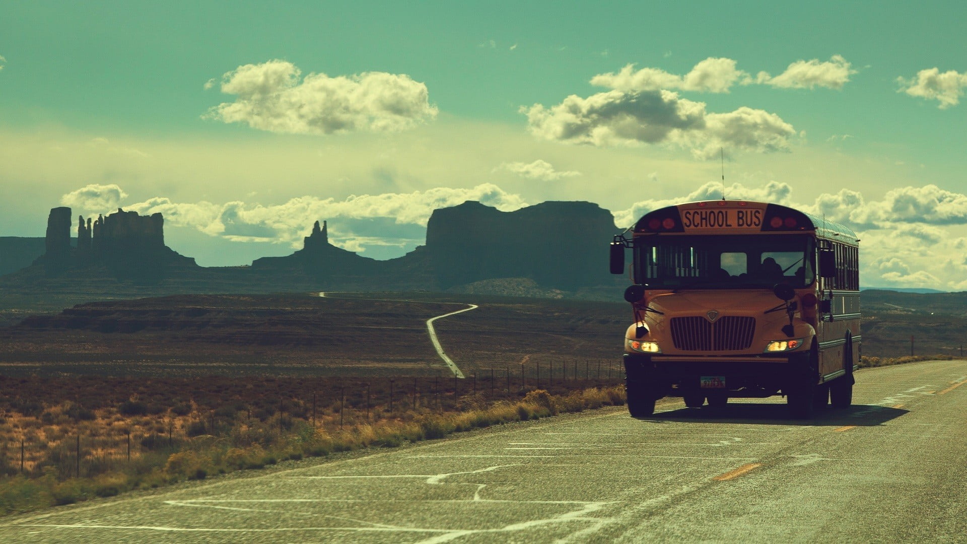 field, school bus, mountain, land, yellow, no people, sky, landscape, scenics - nature, black, environment, nature, day, bus, travel, school, old car, cloud - sky, HD Wallpaper