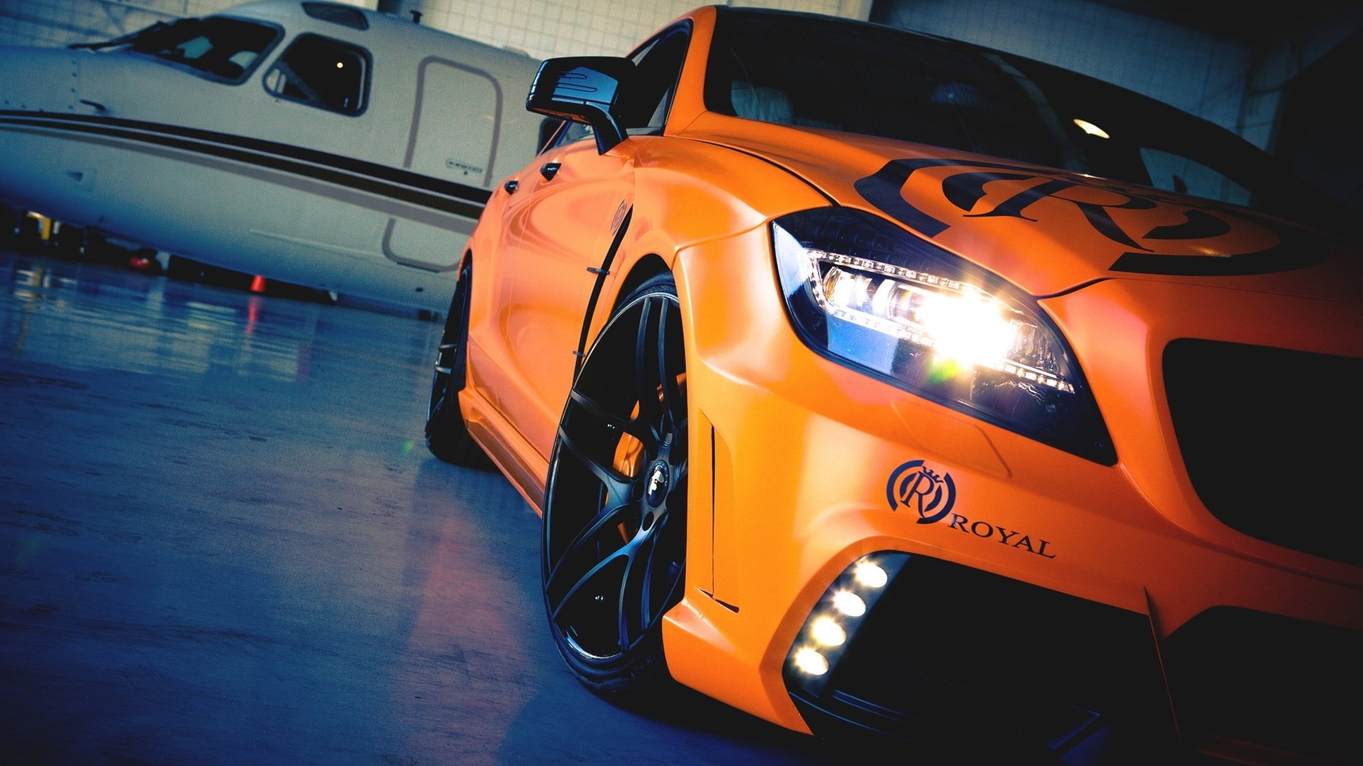car, day, orange color, Mercedes-Benz, tuning, mode of transportation, headlight, stationary, transportation, outdoors, lighting equipment, supercars, 1080P, HD Wallpaper