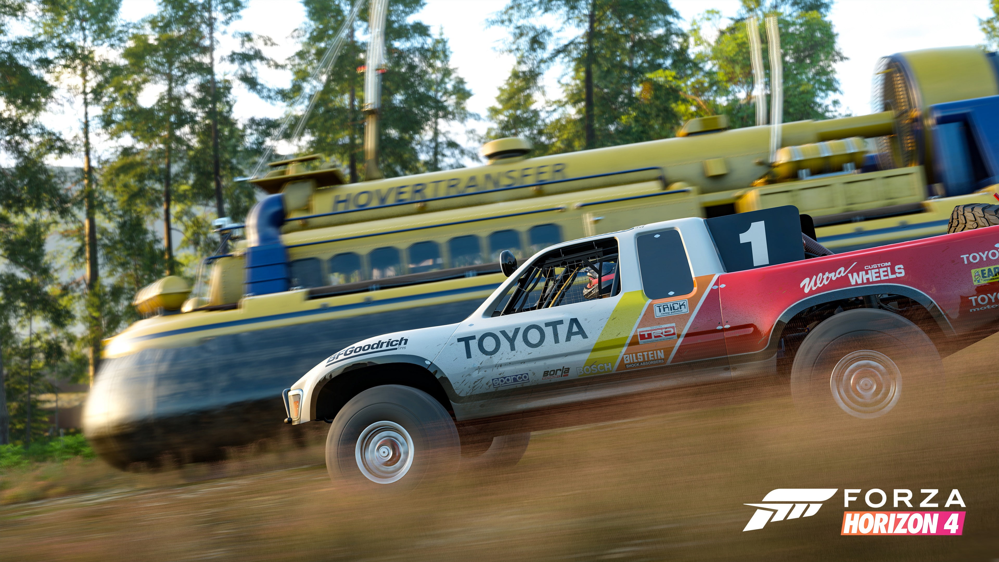 no people, 4K, forest, transportation, screenshot, public transportation, day, Forza Horizon 4, road, E3 2018, plant, western script, motor vehicle, blurred motion, HD Wallpaper