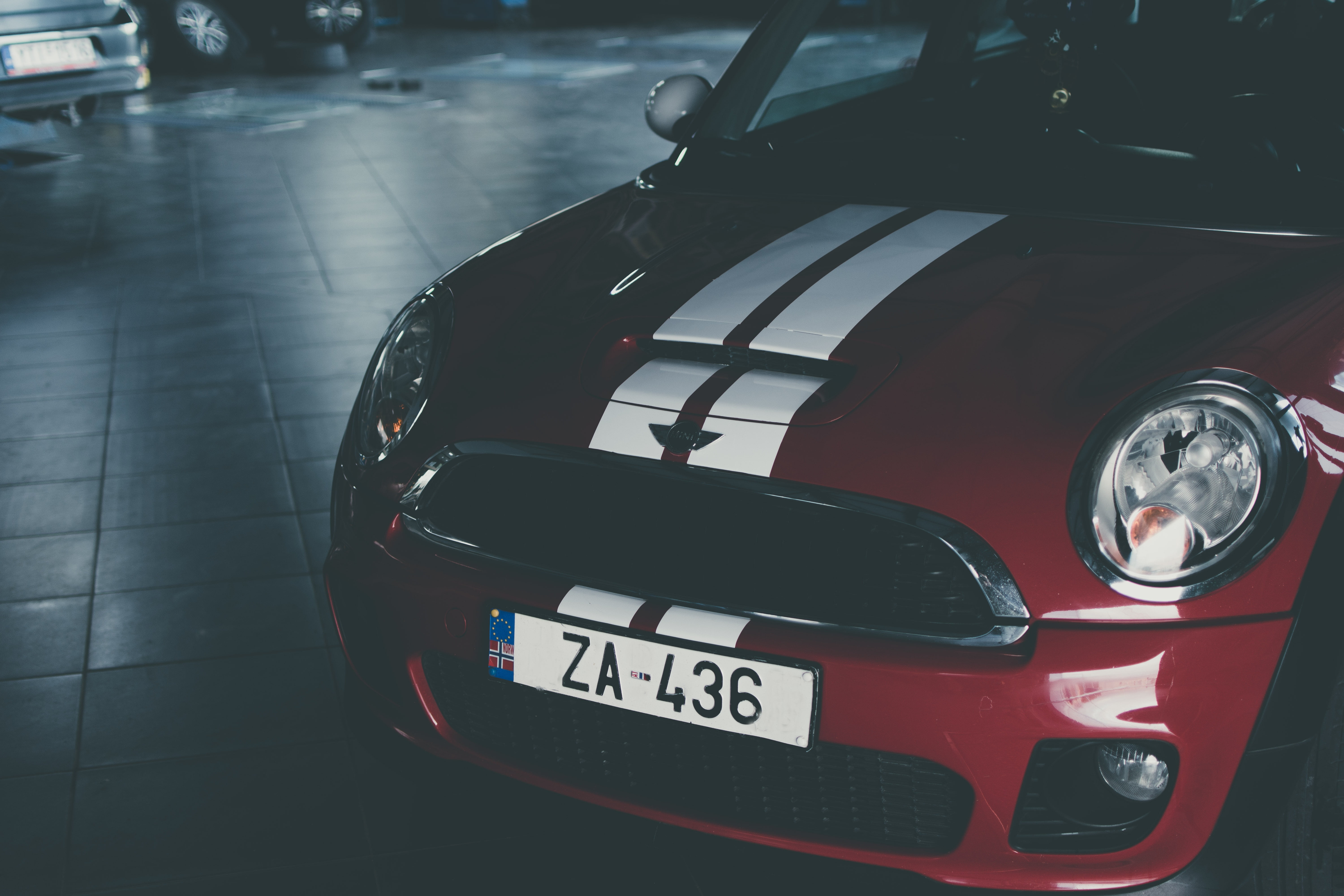 indoors, door, hatchback, western script, text, front view, cooper, communication, white, land vehicle, red, high angle view, number, city, transportation, HD Wallpaper