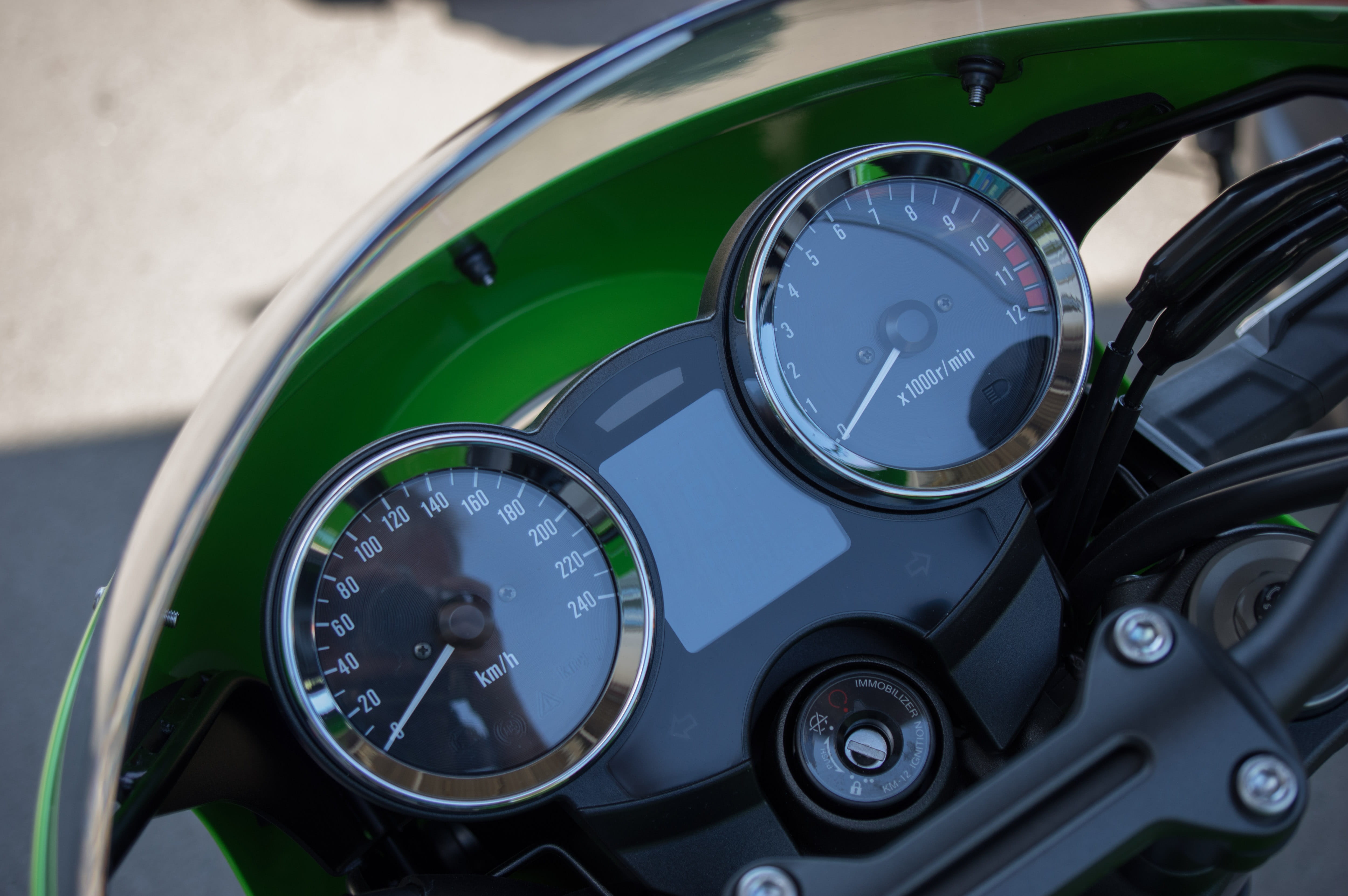 focus on foreground, glass - material, car, control panel, no people, number, two wheeled vehicle, kawasaki, luxury, transportation, close-up, land vehicle, HD Wallpaper