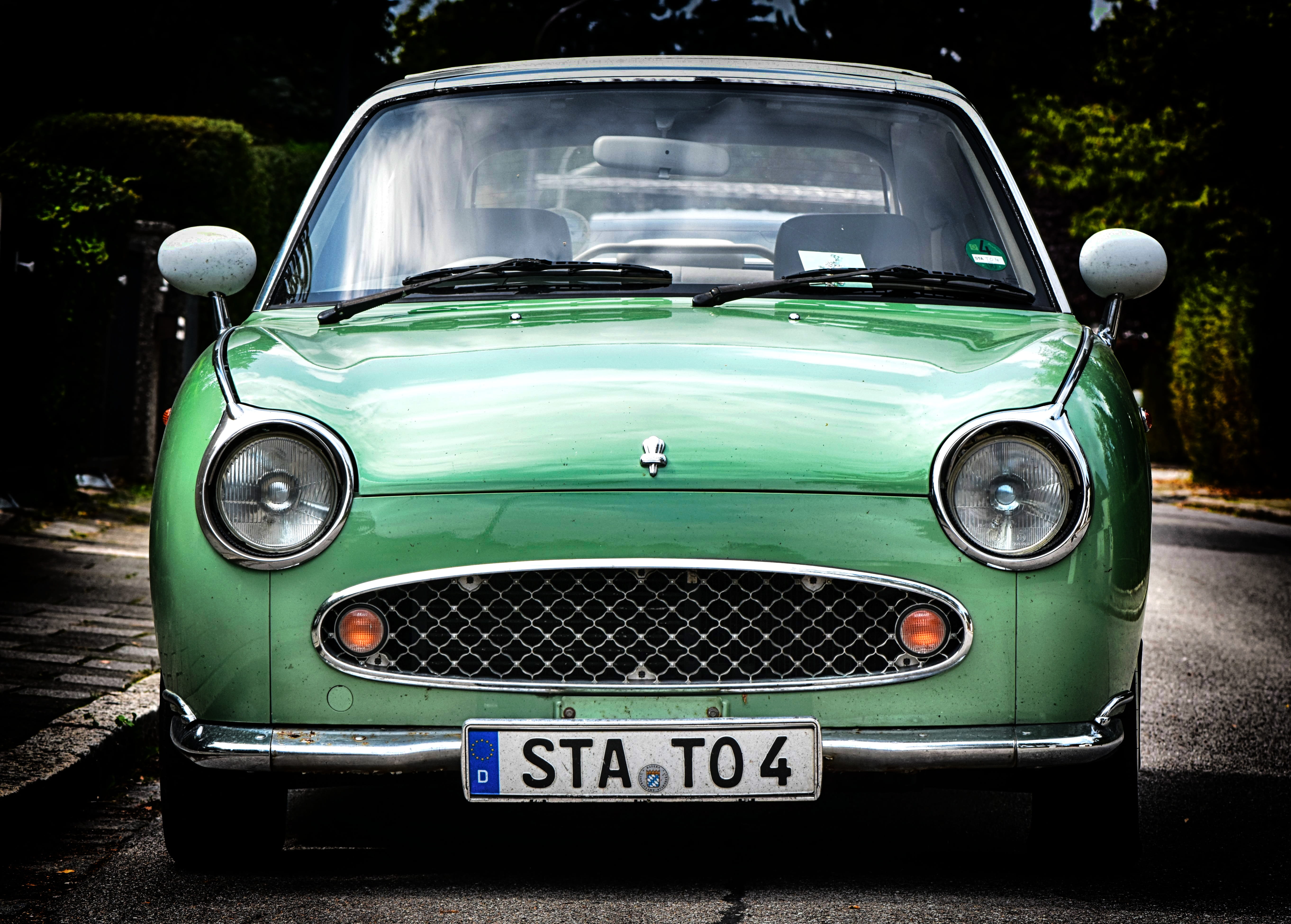 retro styled, outdoors, text, car, auto, headlight, communication, japanese, figaro, no people, stationary, right hand drive, 5K, city, japan, nissan, HD Wallpaper