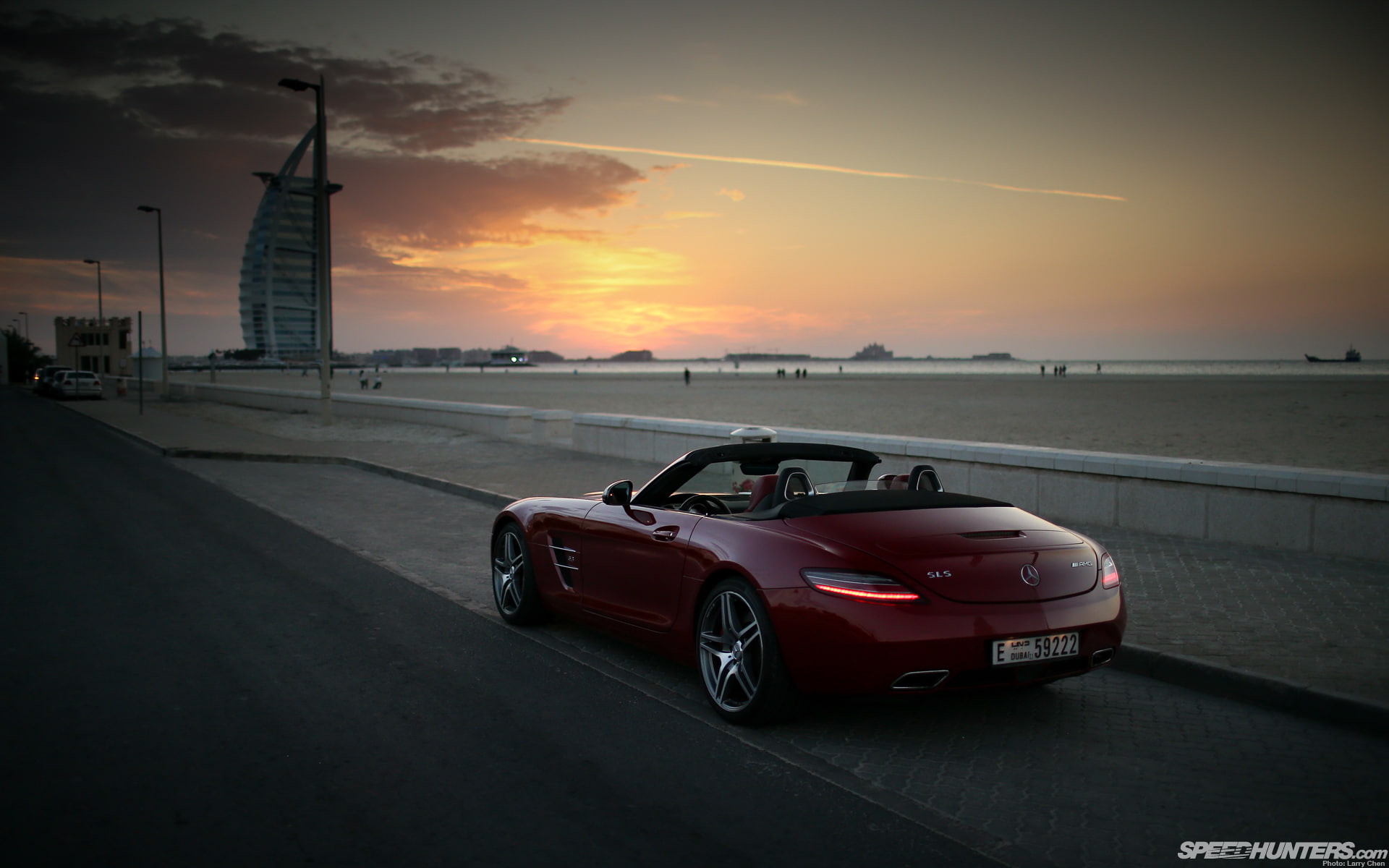sunset, 1080P, sls, cars, mercedes, hd, gullwing, amg, dubai, convertible, red, HD Wallpaper