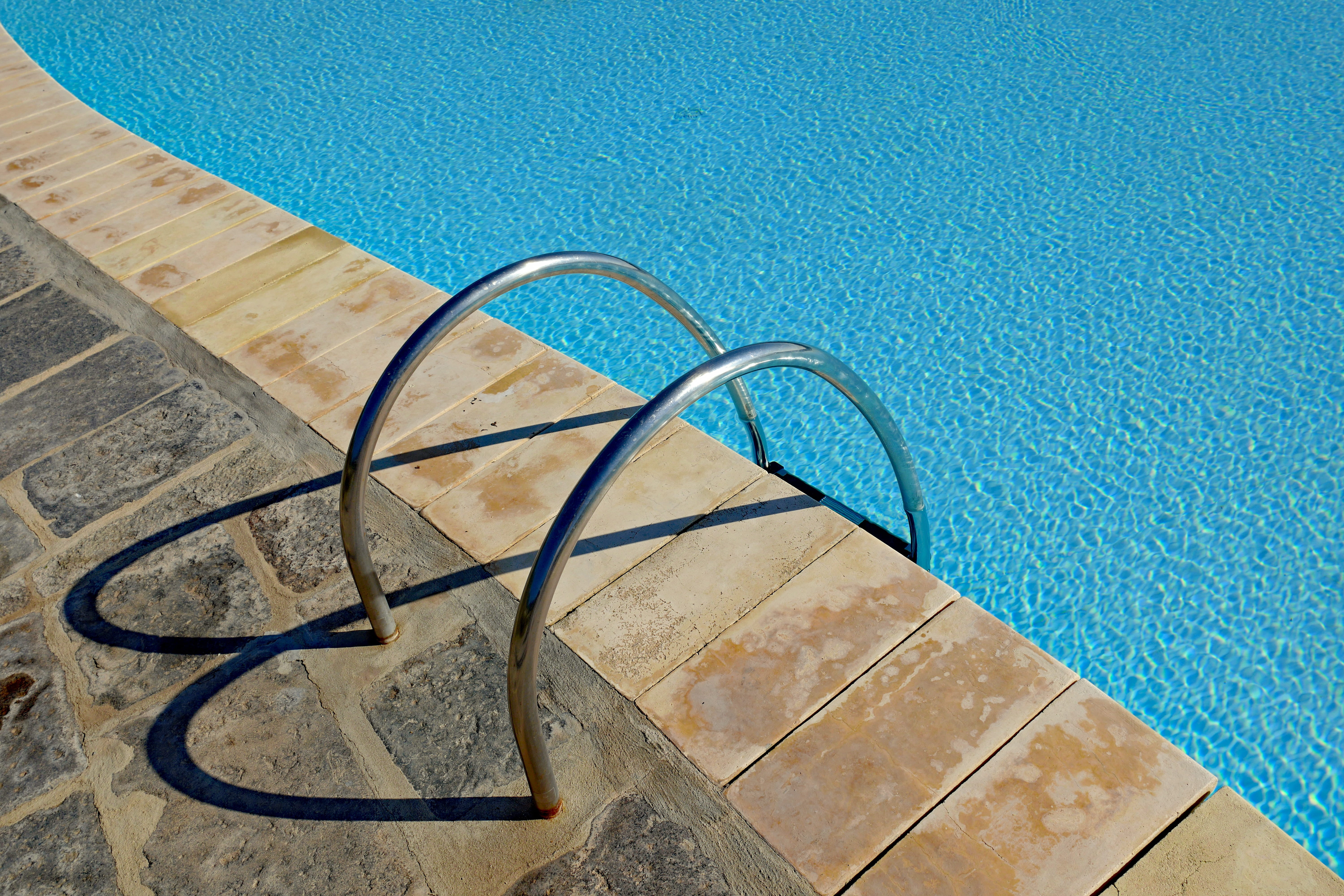 single object, swimming pool, wall - building feature, sunlight, summer, blue, hose, high angle view, turquoise colored, tiled floor, 5K, day, flooring, HD Wallpaper