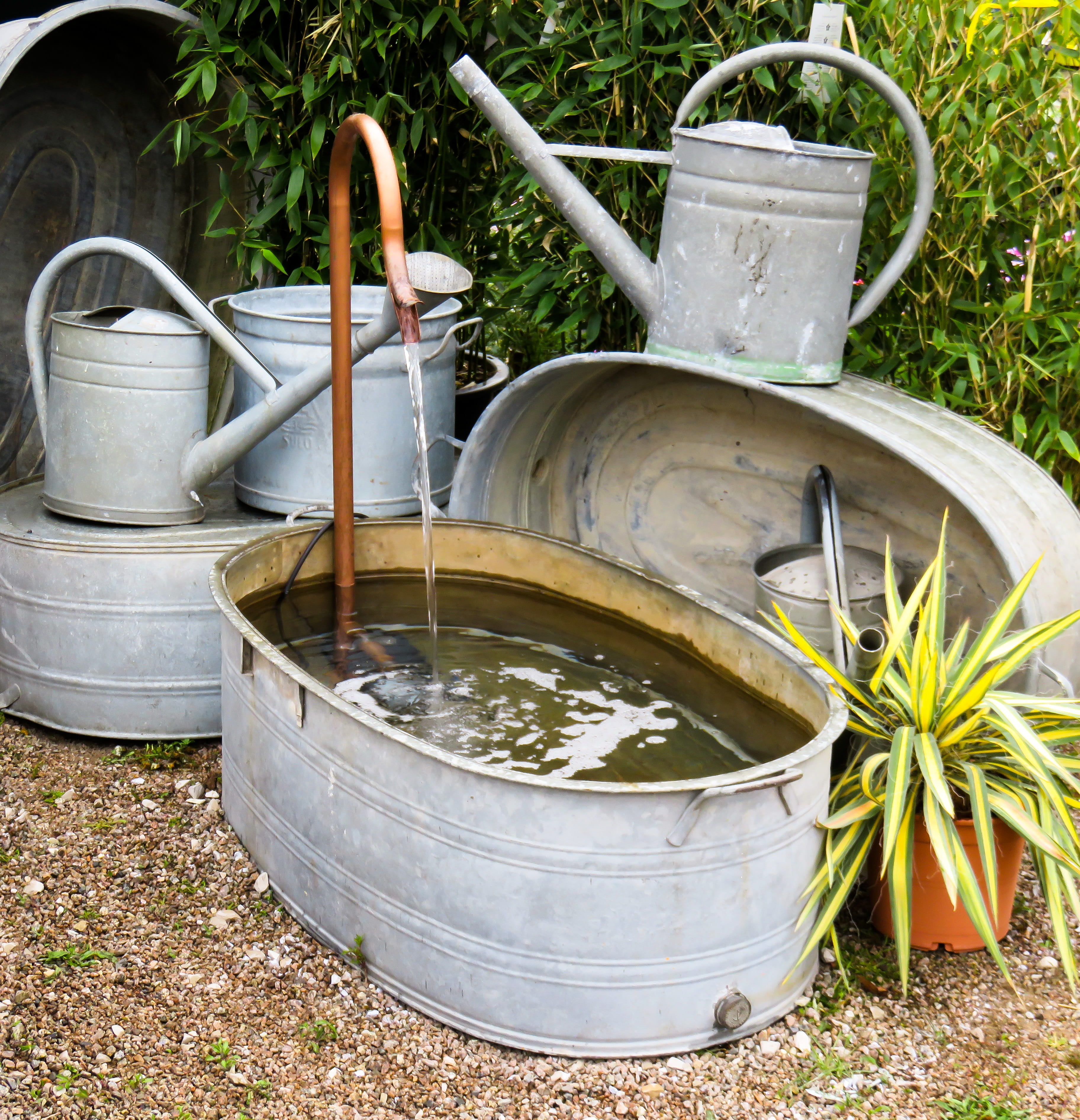 Bucket, potted plant, 2K, front or back yard, arch, nature, Watering Can, water fountain, gardening, can, Bath, faucet, barrel, day, gardening equipment, Phone HD Wallpaper