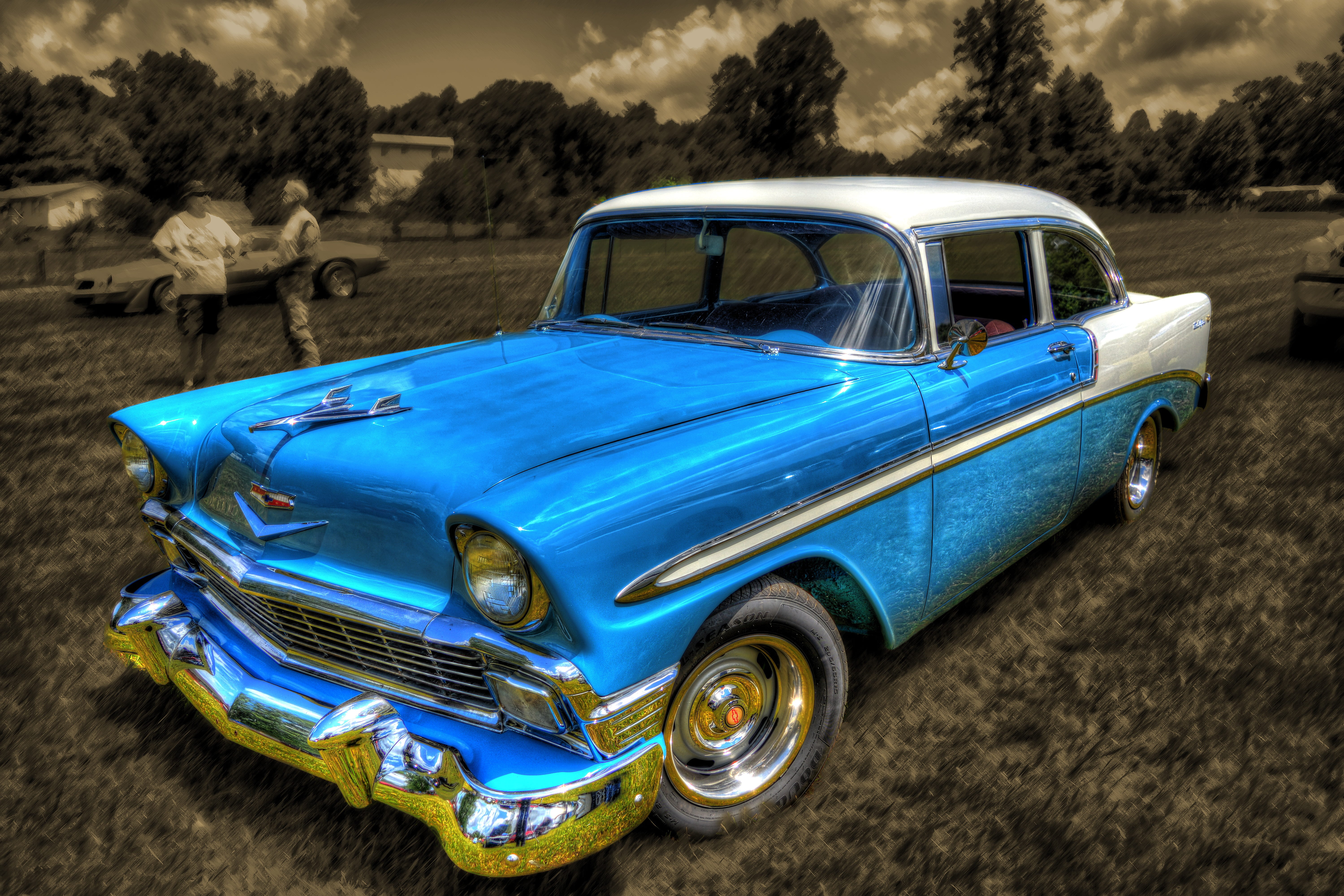 vintage car, collectible, land, day, 1950s, cloud - sky, old, motor vehicle, vintage, nostalgia, turquoise, silver colored, 5K, travel, nature, car, classic, HD Wallpaper