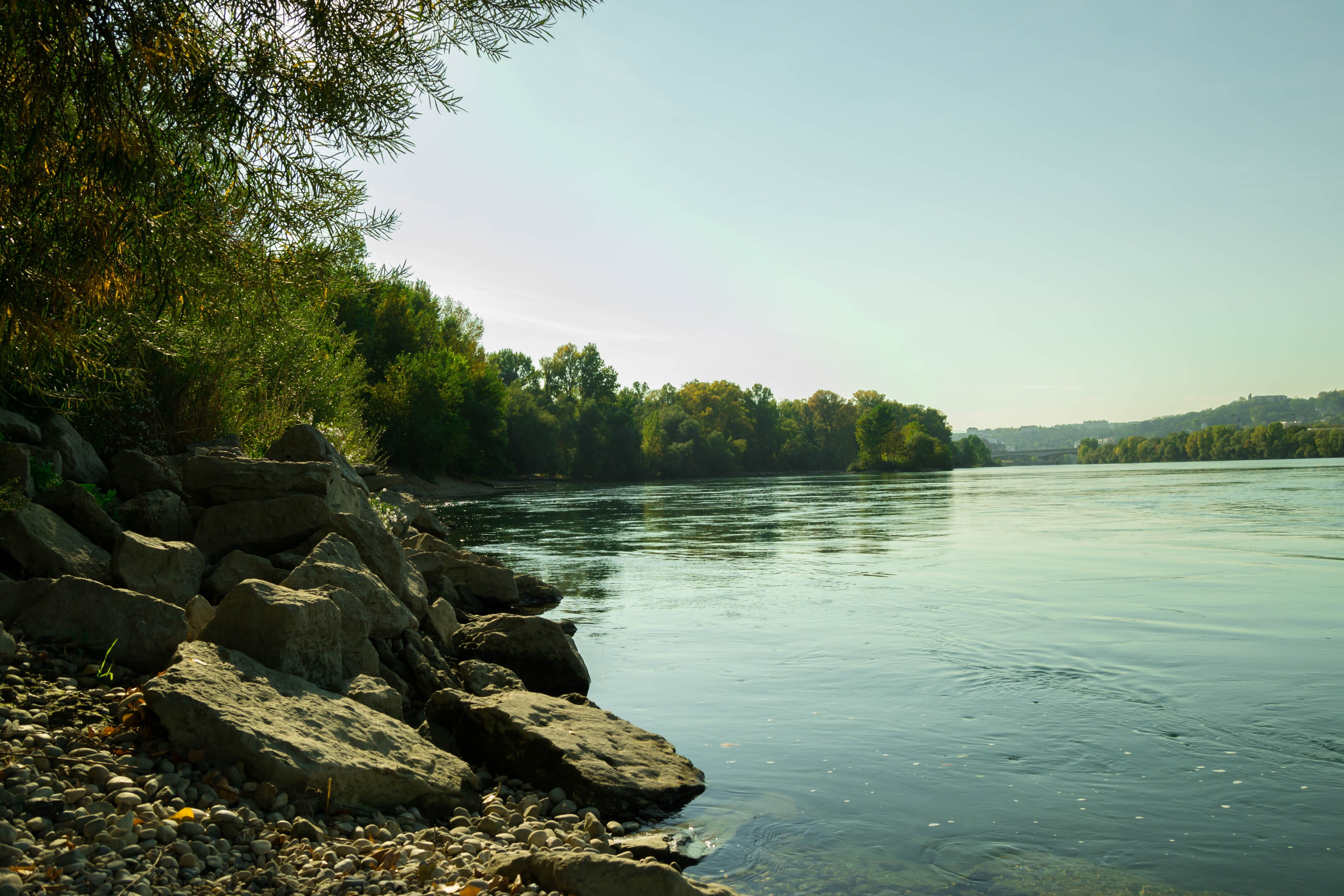 sky, scenics - nature, non-urban scene, land, villeurbanne, feyssine, lyon, rock, solid, no people, tranquil scene, water, flowing water, landscape, lake, HD Wallpaper