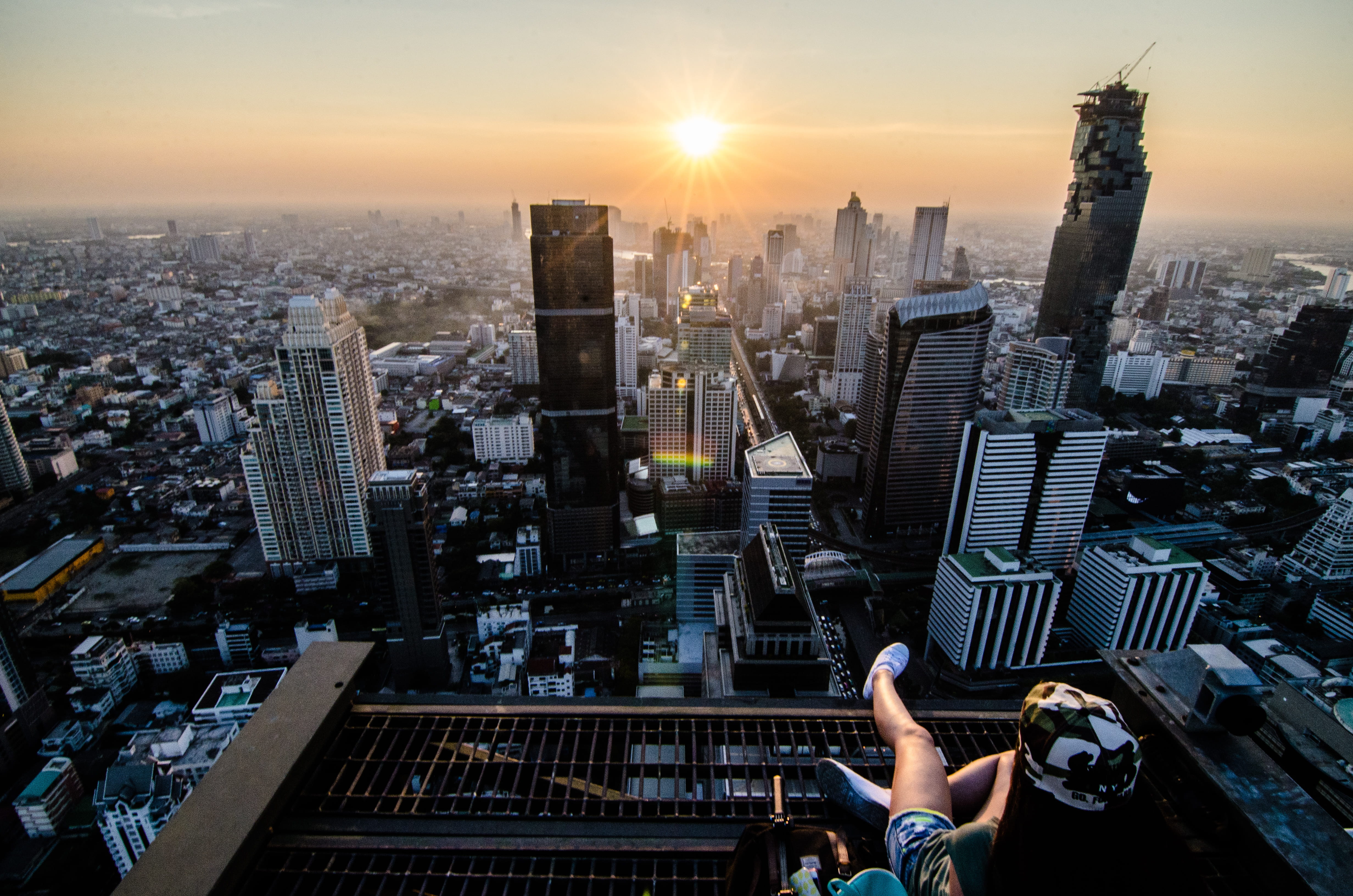office building exterior, building, 4K, building exterior, built structure, high rise, city, sunset, urban skyline, human, lens flare, financial district, HD Wallpaper