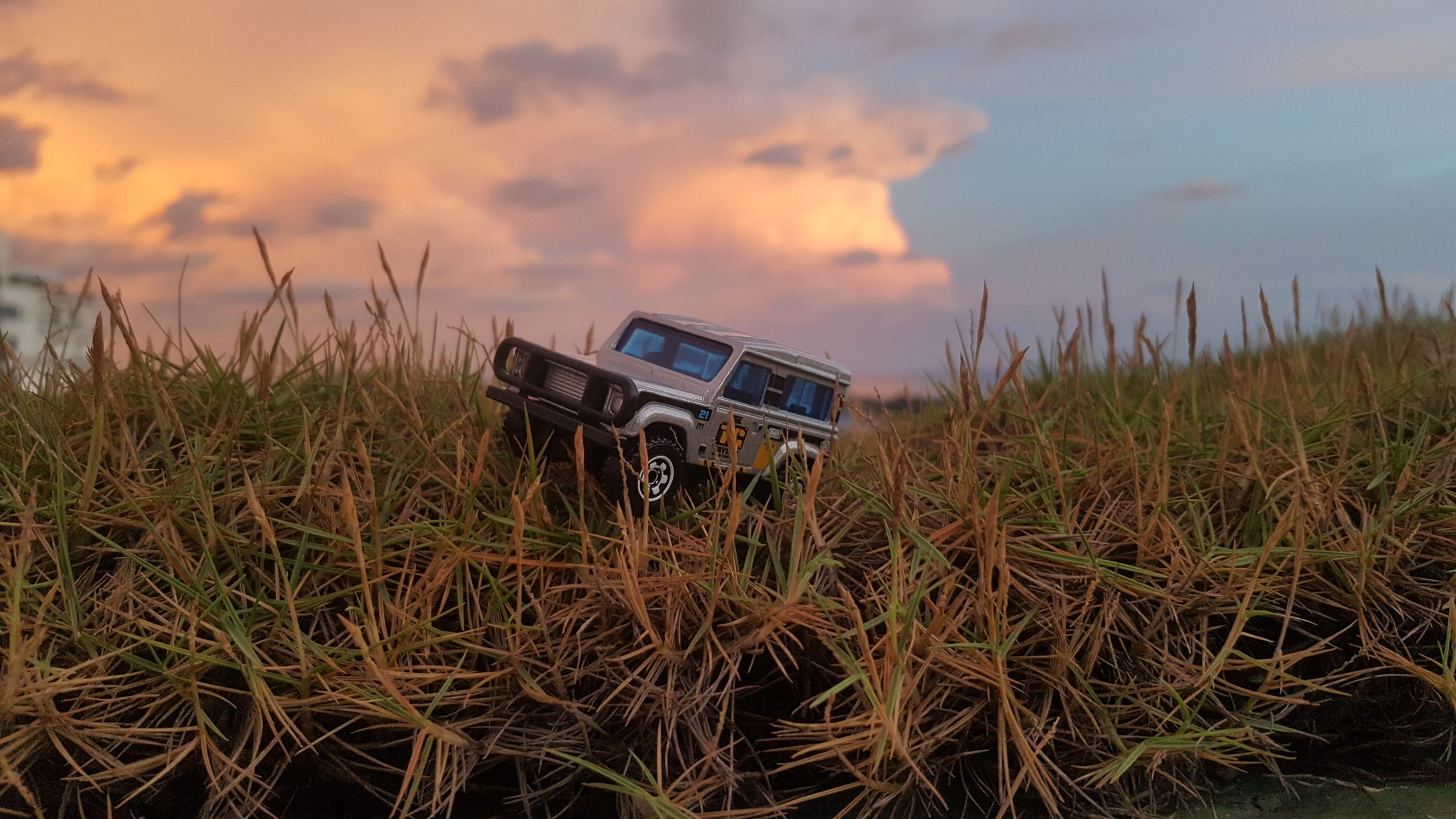 mode of transportation, nature, landscape, environment, field, scenics - nature, land vehicle, 2K, plant, sunset, rural scene, car, cloud - sky, toy, landrover, HD Wallpaper