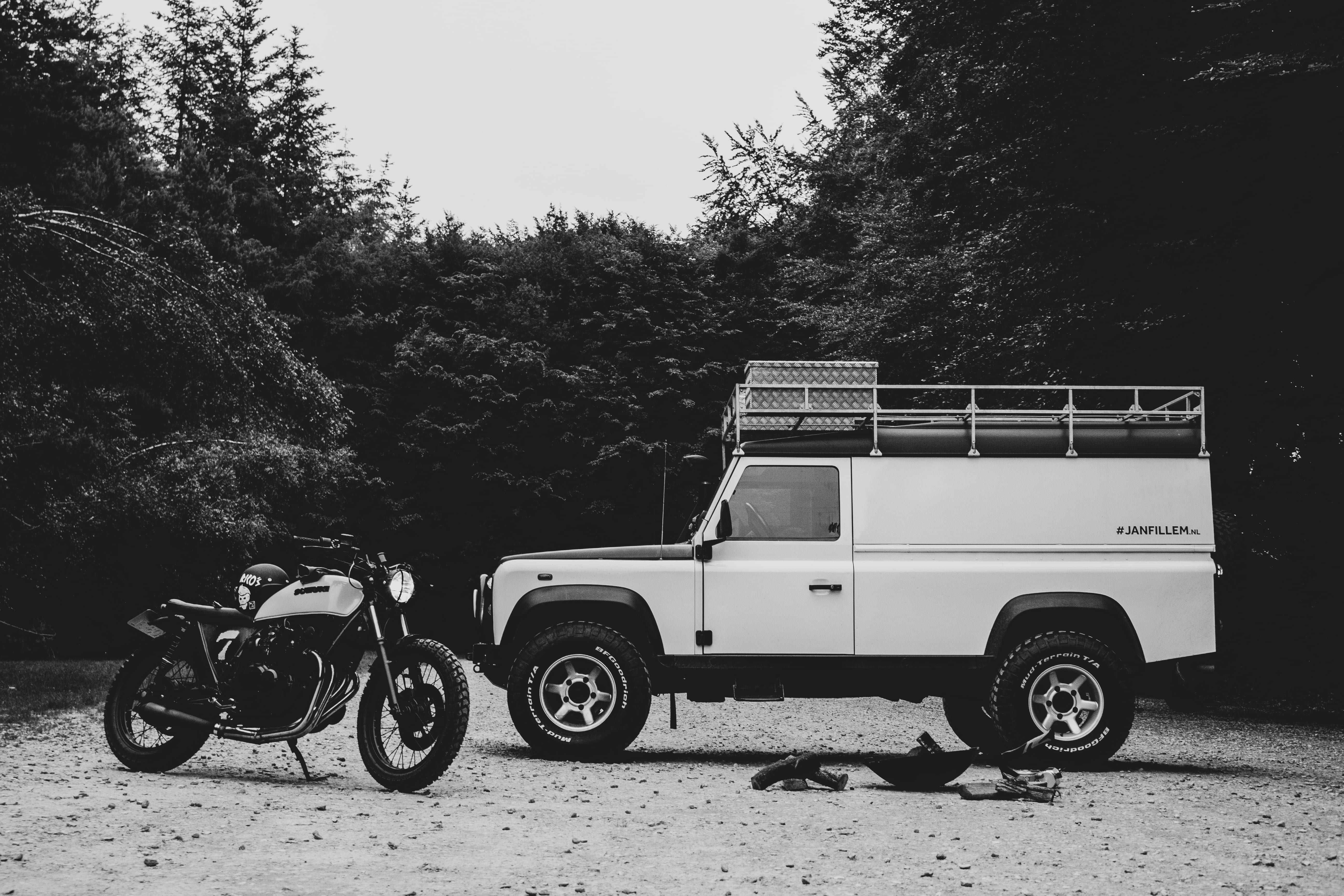 no people, clear sky, side view, vehicle, parking, fire, camping, landrover, jeep, white, travel, nature, motorbike, motor, sky, wood, defender, transportation, HD Wallpaper