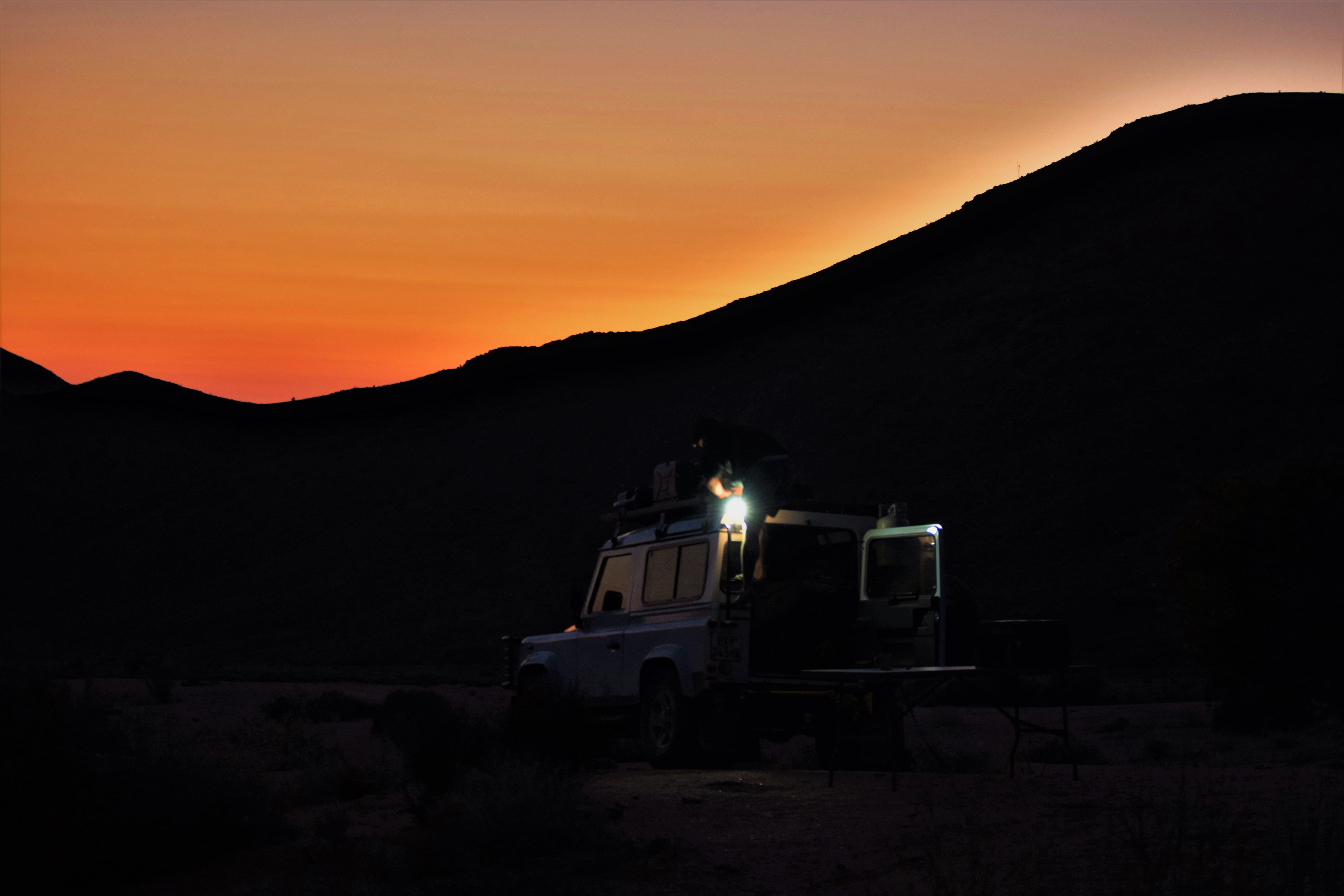 light, orange color, white, blue, photo, rover, offroad, camping, mountain, nature, wild, tranquil scene, space, landscape, beside, sunset, vehicle, transportation, HD Wallpaper