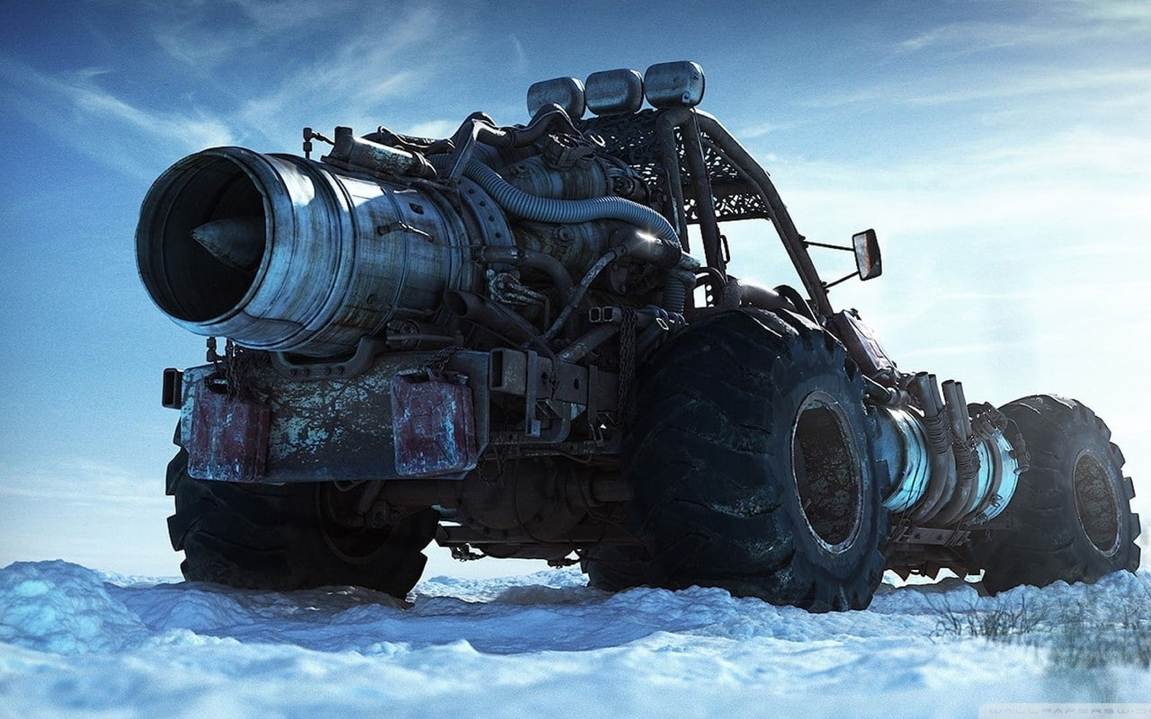 vehicle, turbine, snow, digital art, engines, 720P, clouds, wheels, monster trucks, nature, buggy, pipes, HD Wallpaper