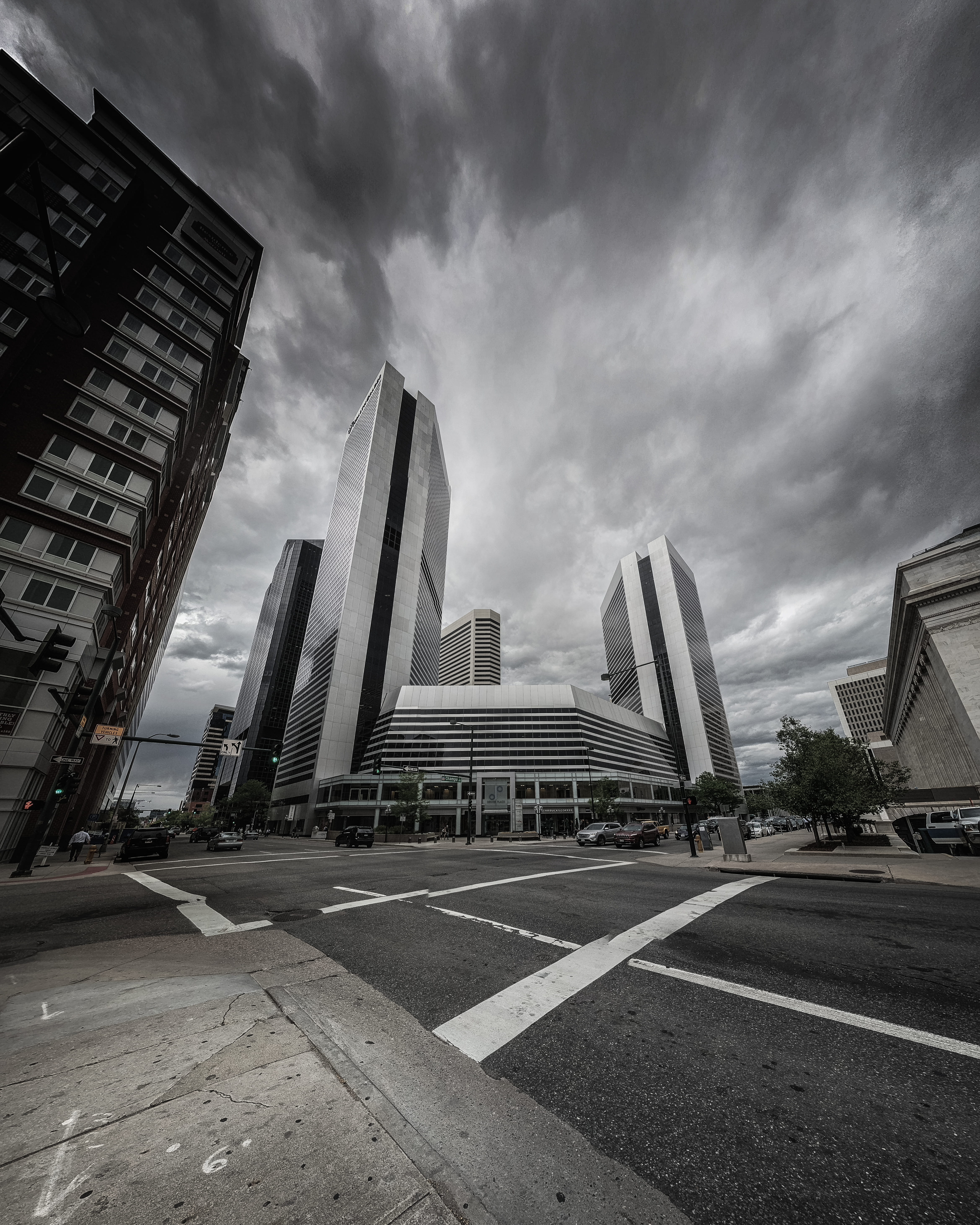 office building exterior, modern, gloomy, angle, road, cloud - sky, stormy, day, architecture, photography, cityscape, sign, denver, brutalism, marking, Phone HD Wallpaper