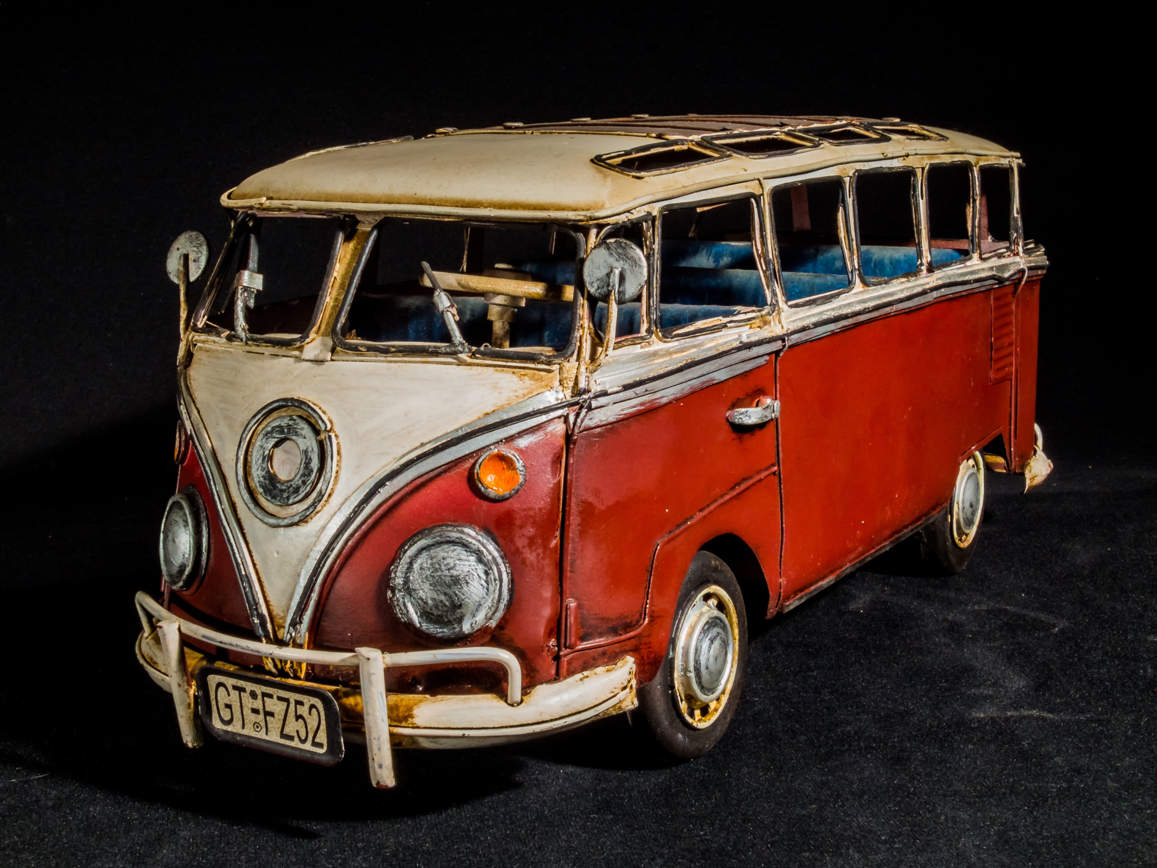 stationary, transportation, sheet metal car, 4K, city, Model Car, vintage Car, day, front view, red, classic, t, rusty, antique, samba bus, black background, HD Wallpaper