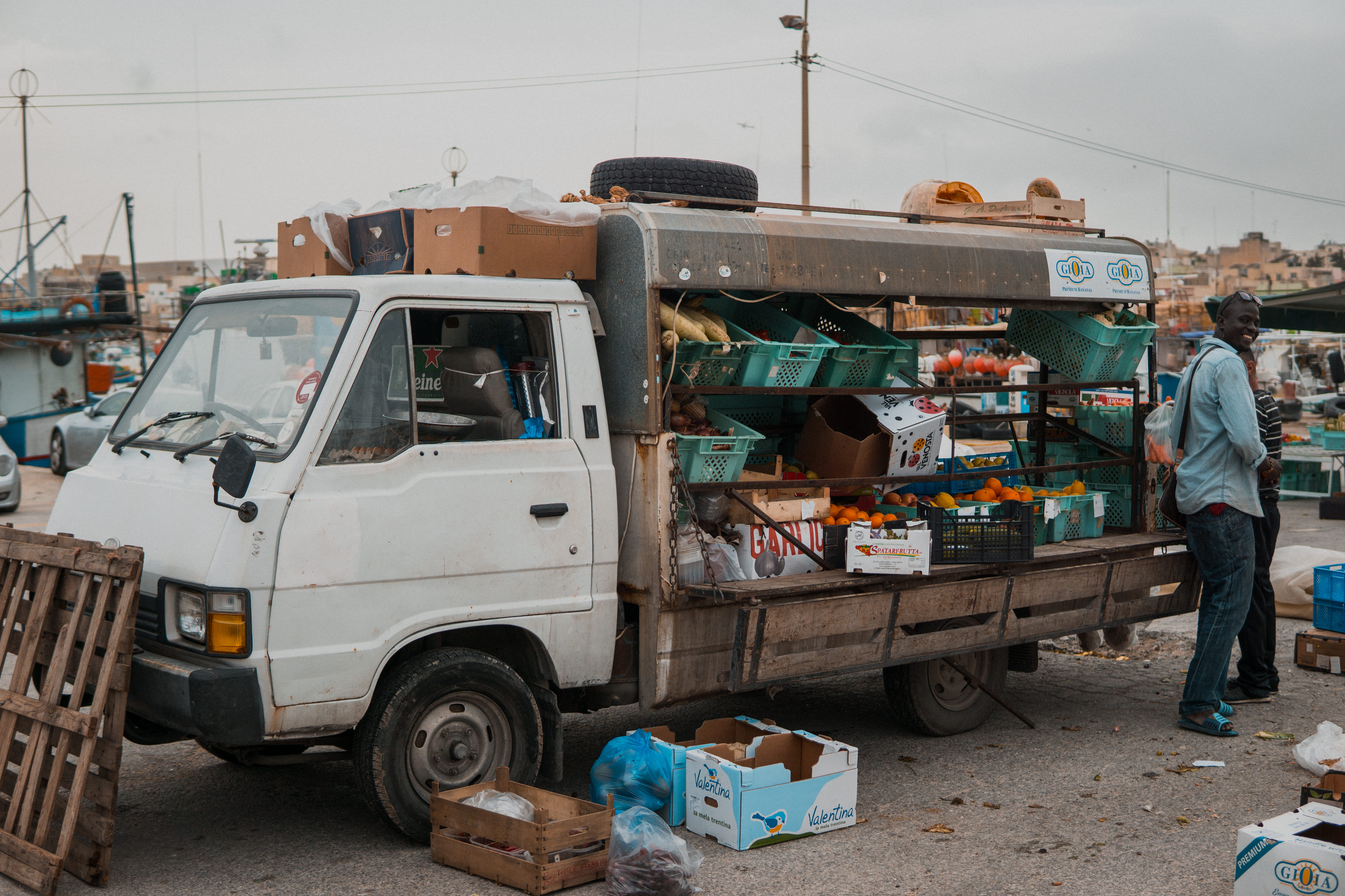 beside, 5K, land vehicle, people, standing, sky, marsaxlokk, city, motor vehicle, person, architecture, harbor, full length, market, transportation, parked, HD Wallpaper