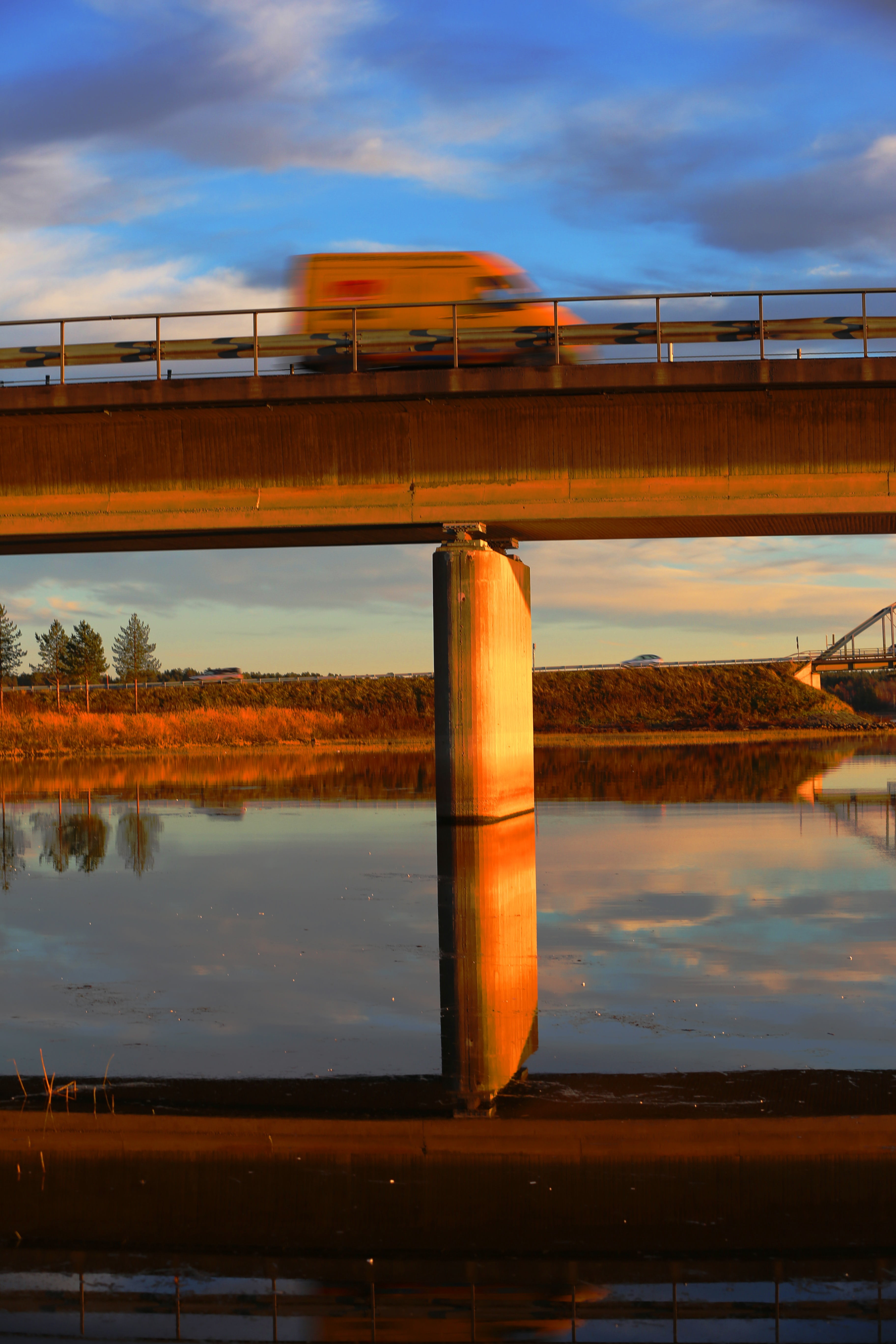 reflection, shipping, lake, dhl, 5K, metal, sky, cloud - sky, nature, connection, bridge, architecture, transportation, outdoors, bro, transport, water, Phone HD Wallpaper