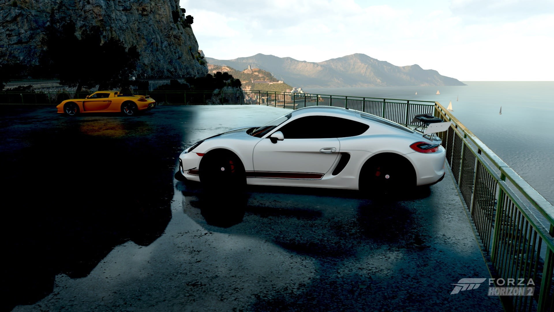 Forza Horizon 2, motion, car, no people, sky, 1080P, transportation, mountain, day, city, motor vehicle, street, road, architecture, nautical vessel, Porsche, HD Wallpaper