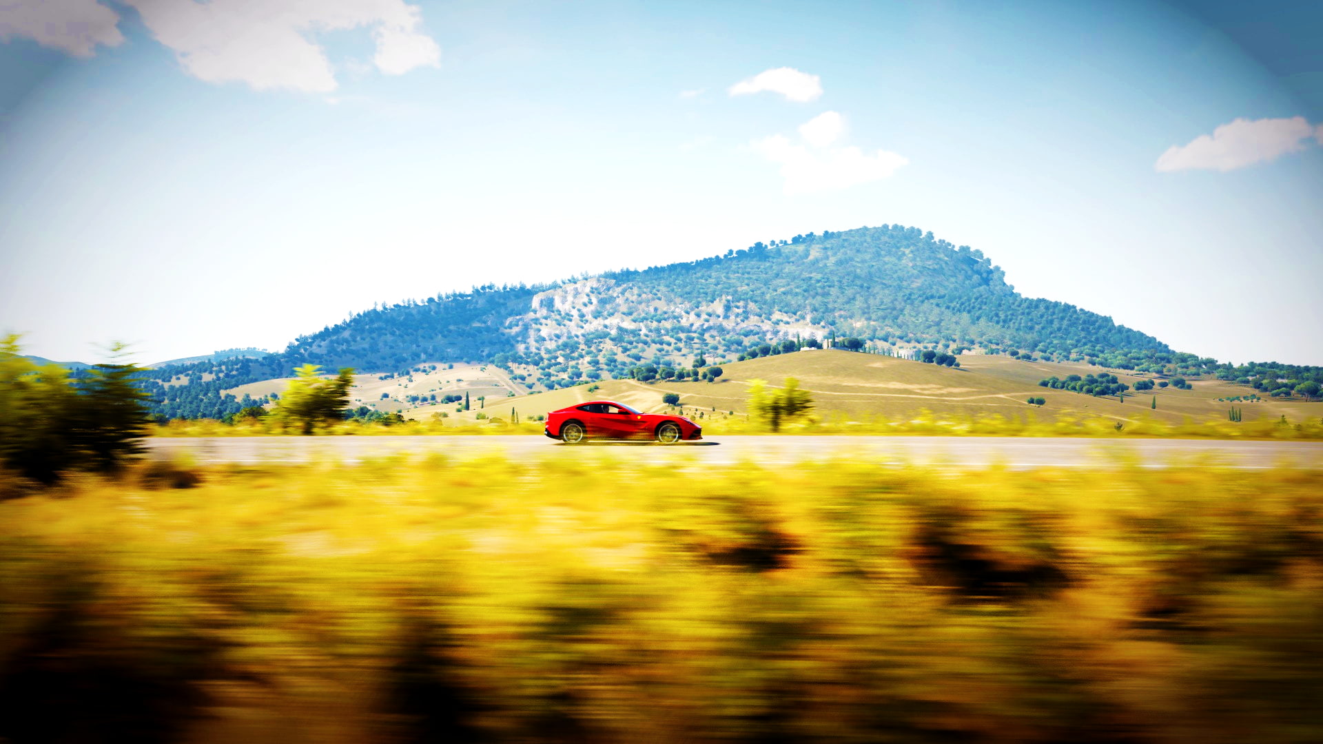 day, land vehicle, no people, tree, scenics - nature, outdoors, mountain range, Forza Horizon, sky, land, sunlight, motion, nature, Ferrari F12berlinetta, HD Wallpaper