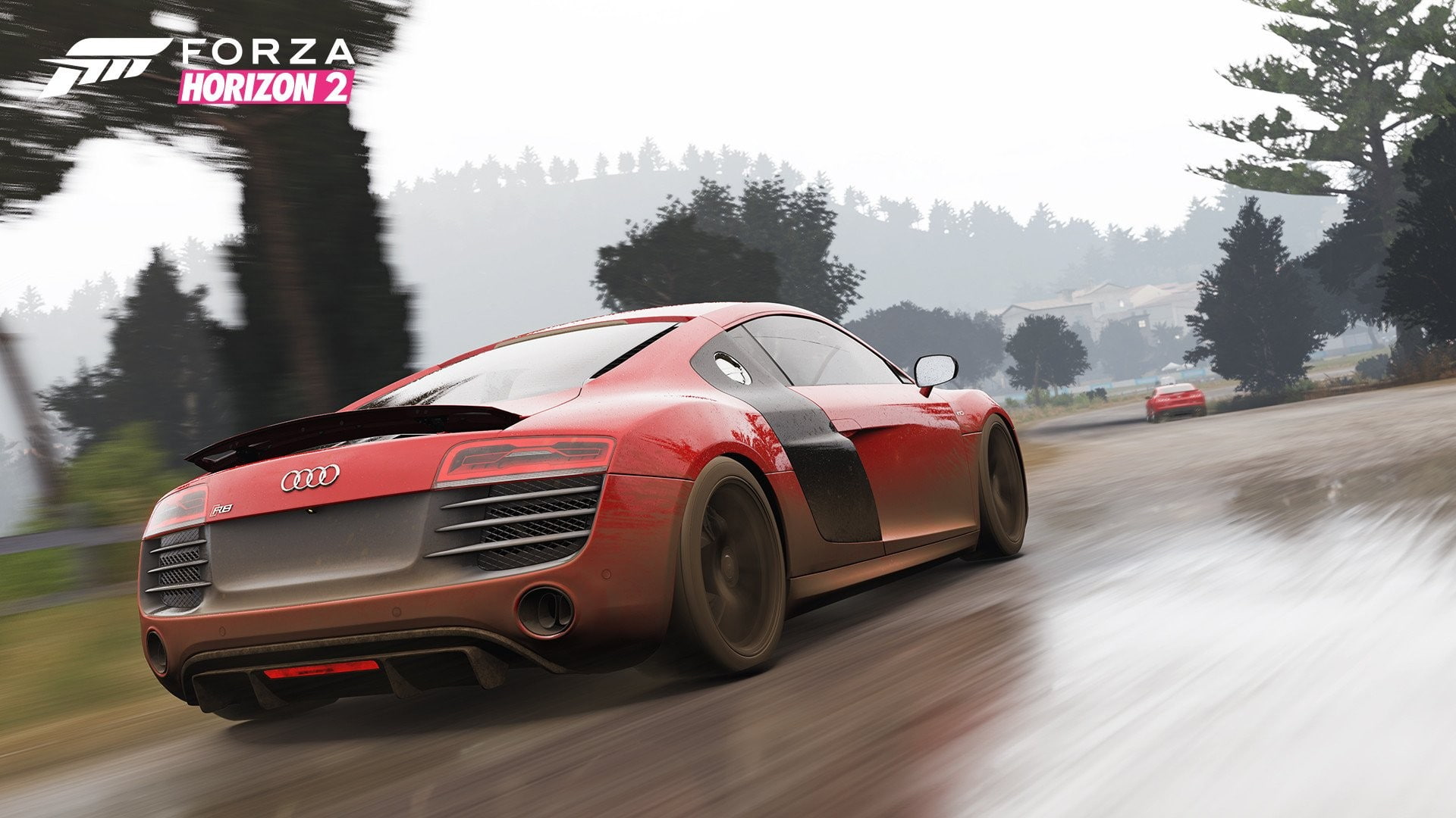 Audi, blurred motion, racecar, wheel, Forza Horizon 2, road, Audi R8, tree, nature, no people, 1080P, motor vehicle, sky, mode of transportation, red, HD Wallpaper