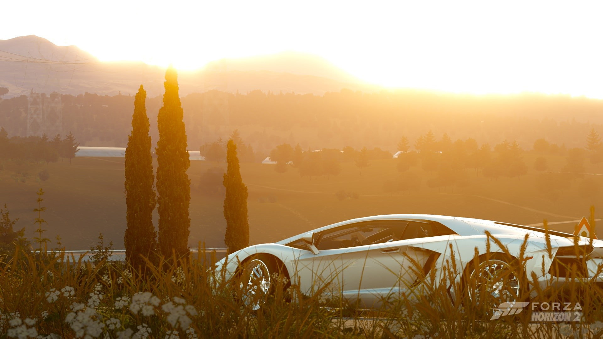 building exterior, transportation, sunset, Xbox, Lamborghini Aventador, tree, mountain, Lamborghini, winter, no people, environment, sunlight, built structure, HD Wallpaper