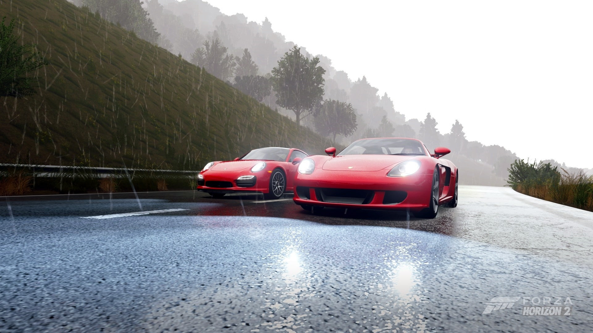 city, wet, street, motion, day, no people, on the move, fog, red, tree, rain, motor vehicle, mountain, travel, transportation, nature, rainy season, mode of transportation, HD Wallpaper