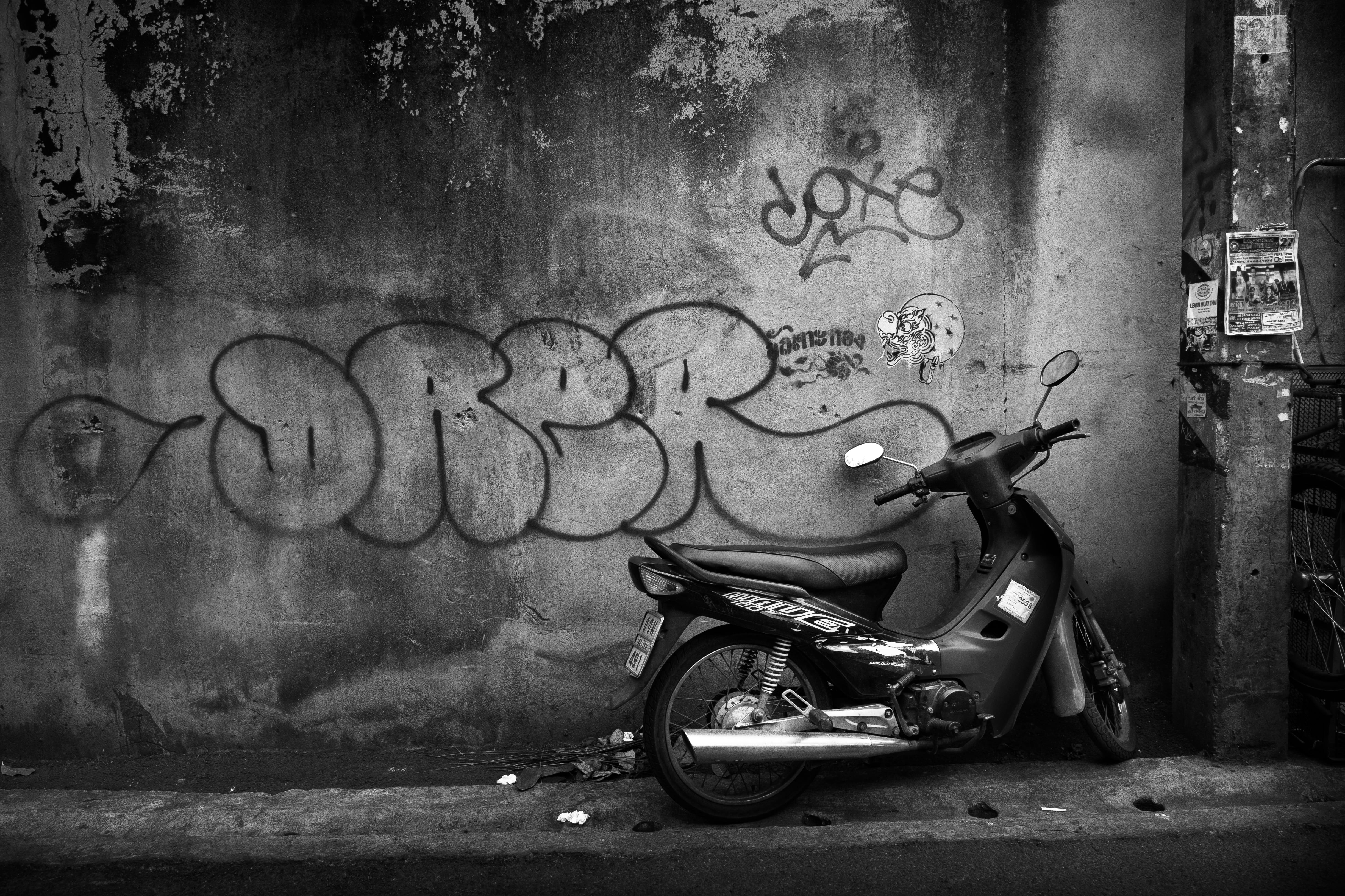 street, mai, creativity, urban, motor scooter, black, chiang, land vehicle, no people, alley, old, underboned, outdoors, graffiti, day, art and craft, wall - building feature, HD Wallpaper