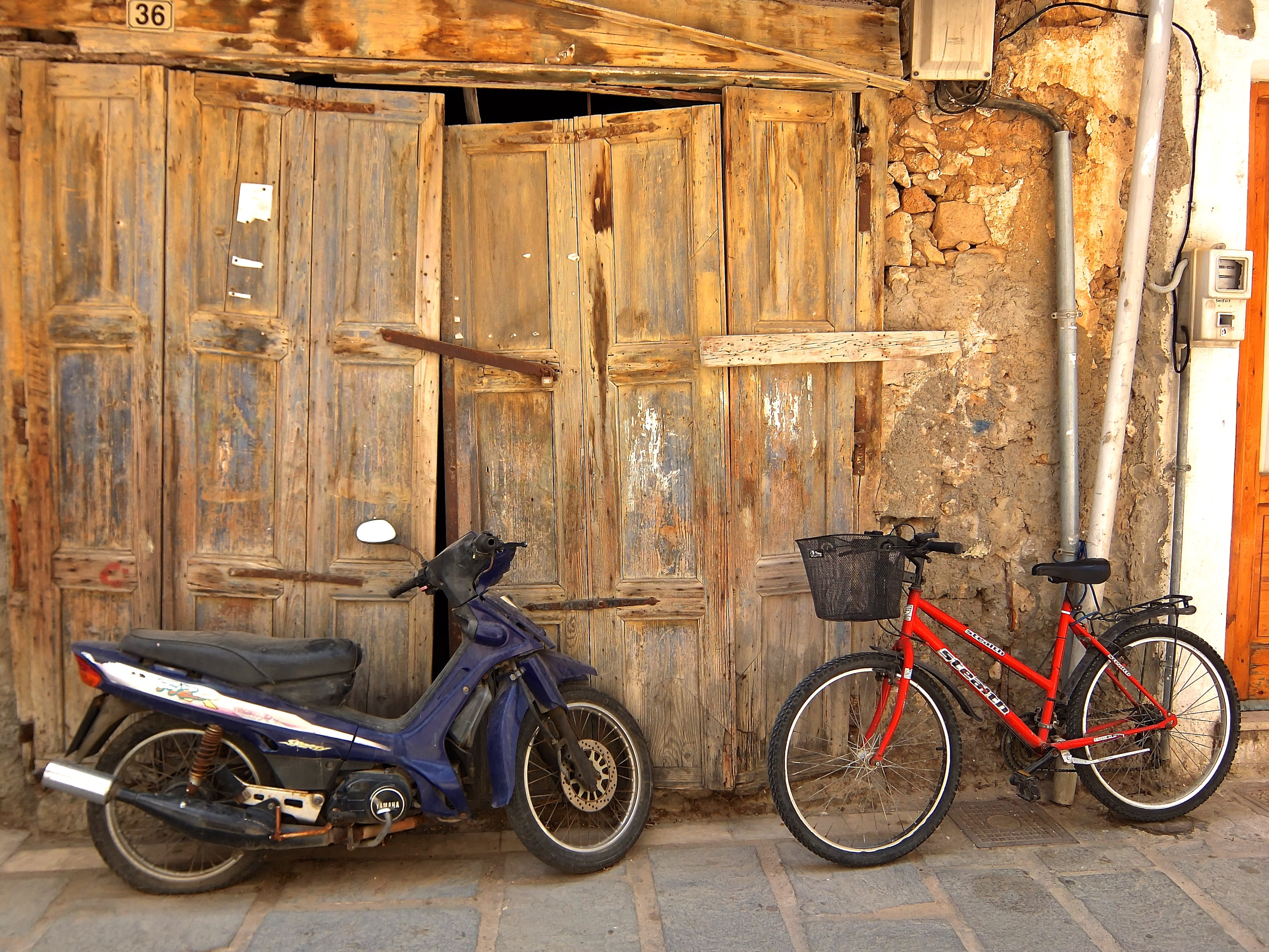 means of transport, safety, motorcycle, 4K, architecture, closed, outdoors, entrance, protection, blue, moped, transportation, beside, door, built structure, HD Wallpaper