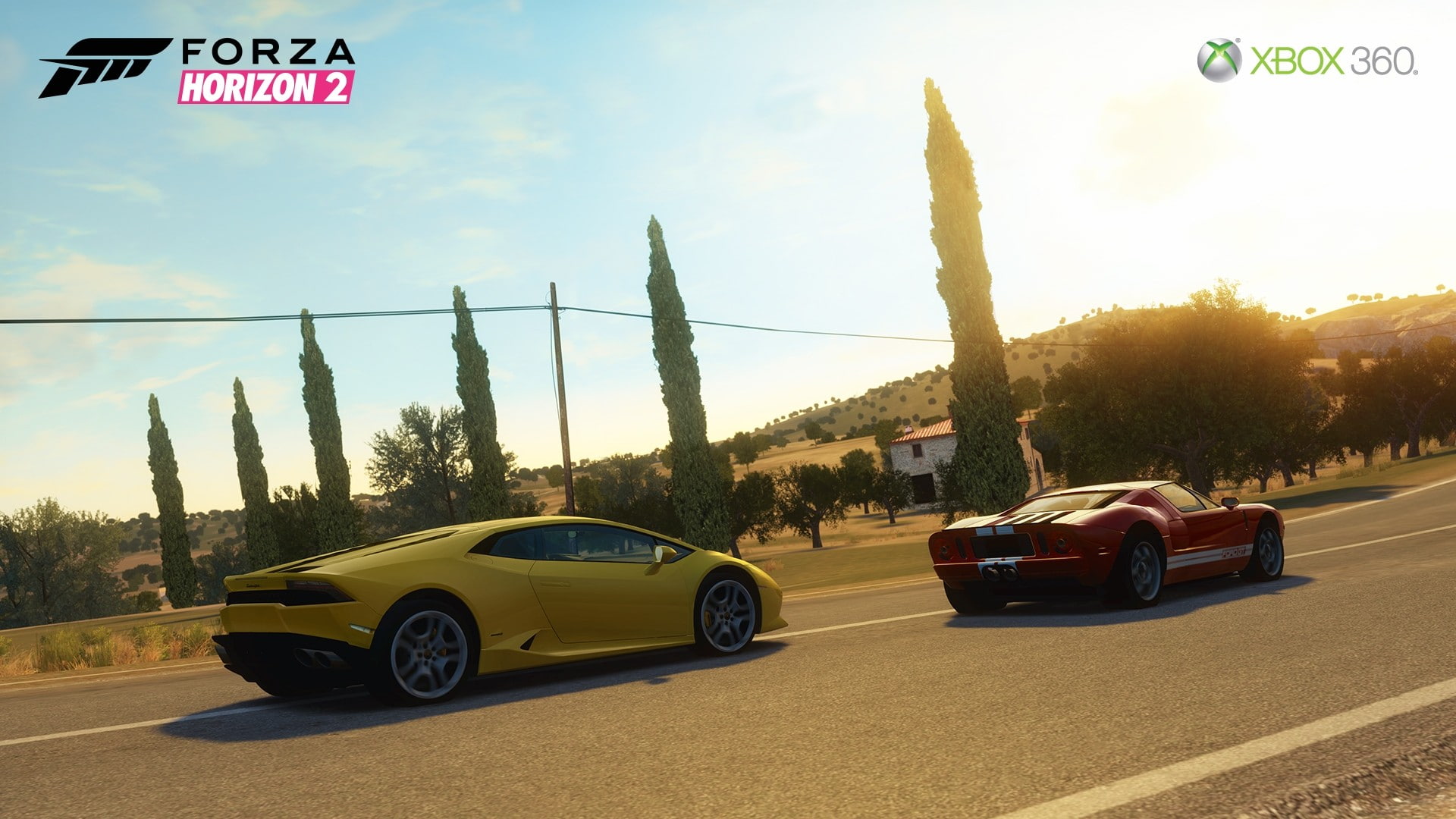 tree, video games, transportation, sky, motor vehicle, mode of transportation, sign, Ford GT, land vehicle, Xbox 360, cloud - sky, Forza Horizon 2, day, HD Wallpaper